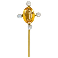 Antique Victorian 3.30 Carat Topaz Pearl 18 Karat Gold Stickpin