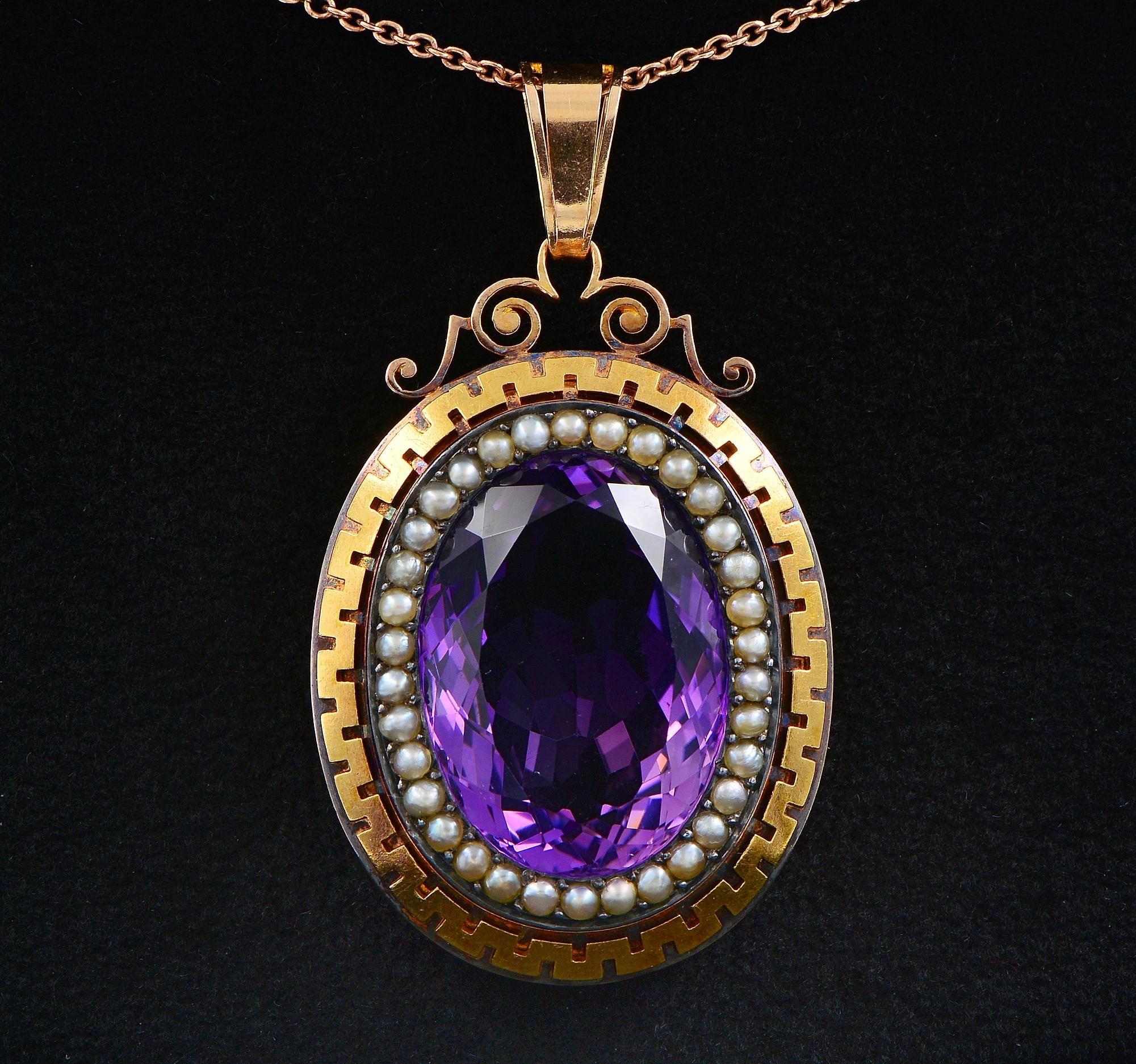 Victoriana
Large and amazingly hand crafted Amethyst pendant dating 1860/70 ca
The heavy made mount its a beauty its own, weighs 21.8 grams , solid 18 Kt gold with thin silver line hosting the micro pearls, pendant is bordered with fine pierce work