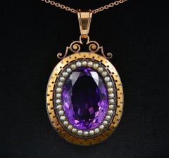 Victorian 33.00 Ct Natural Amethyst Micro Pearl 18 Kt Silver Large Pendant