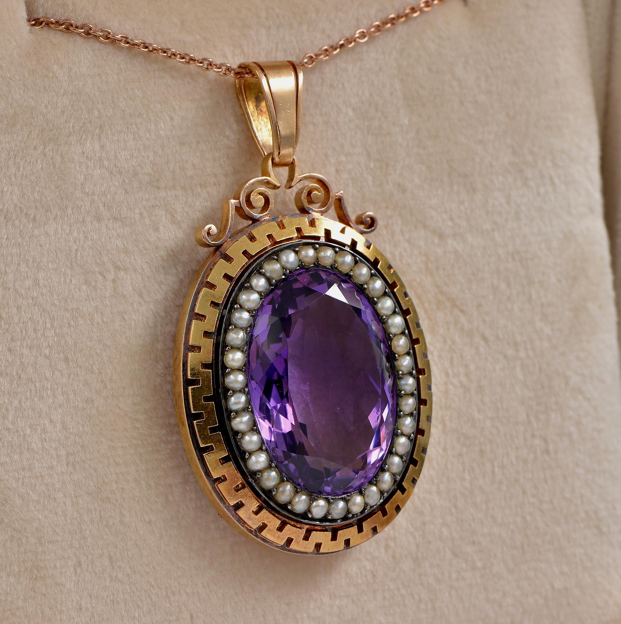 Oval Cut Victorian 33.00 Ct Natural Amethyst Micro Pearl 18 Kt Silver Large Pendant For Sale