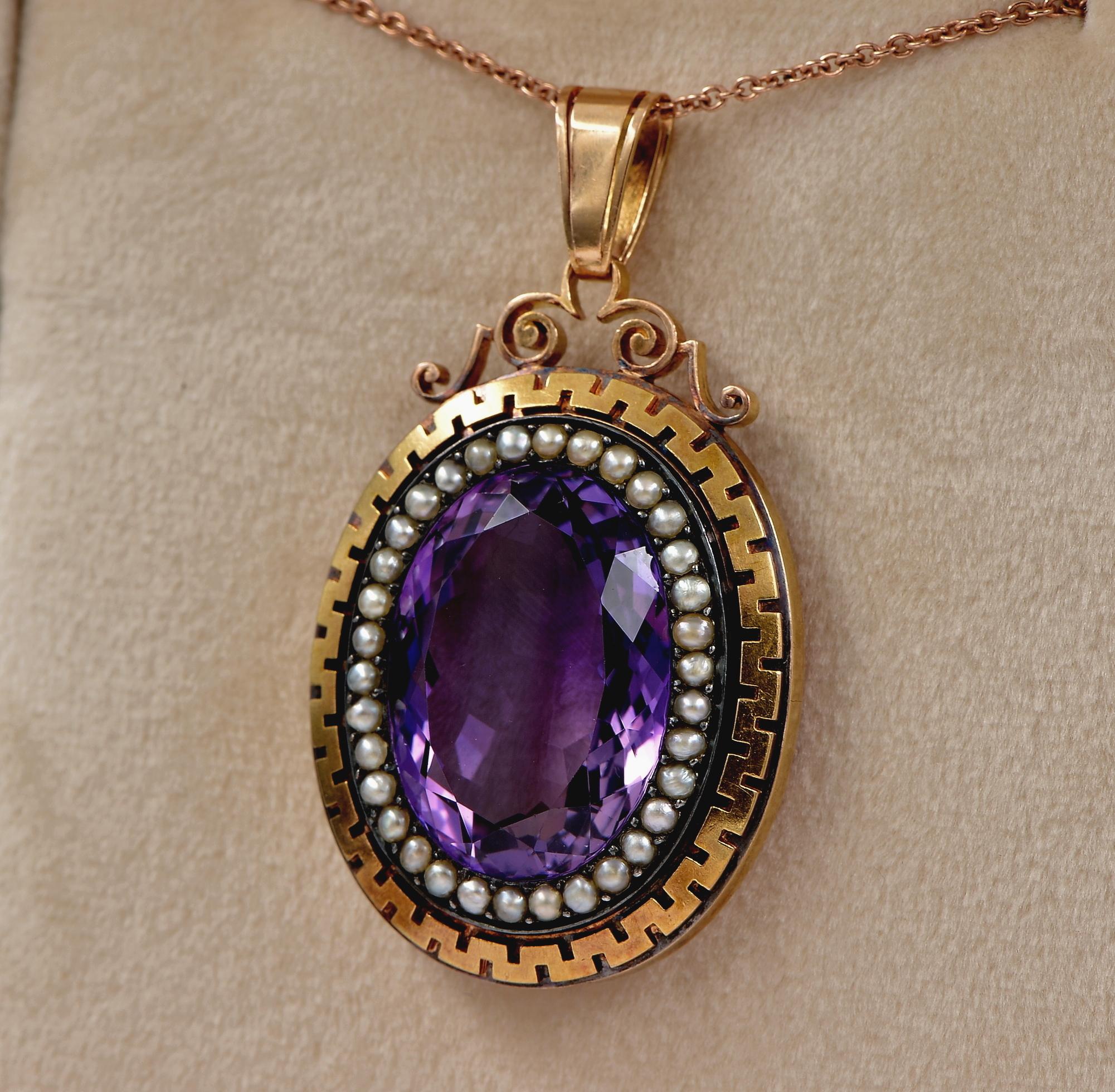 Women's Victorian 33.00 Ct Natural Amethyst Micro Pearl 18 Kt Silver Large Pendant For Sale