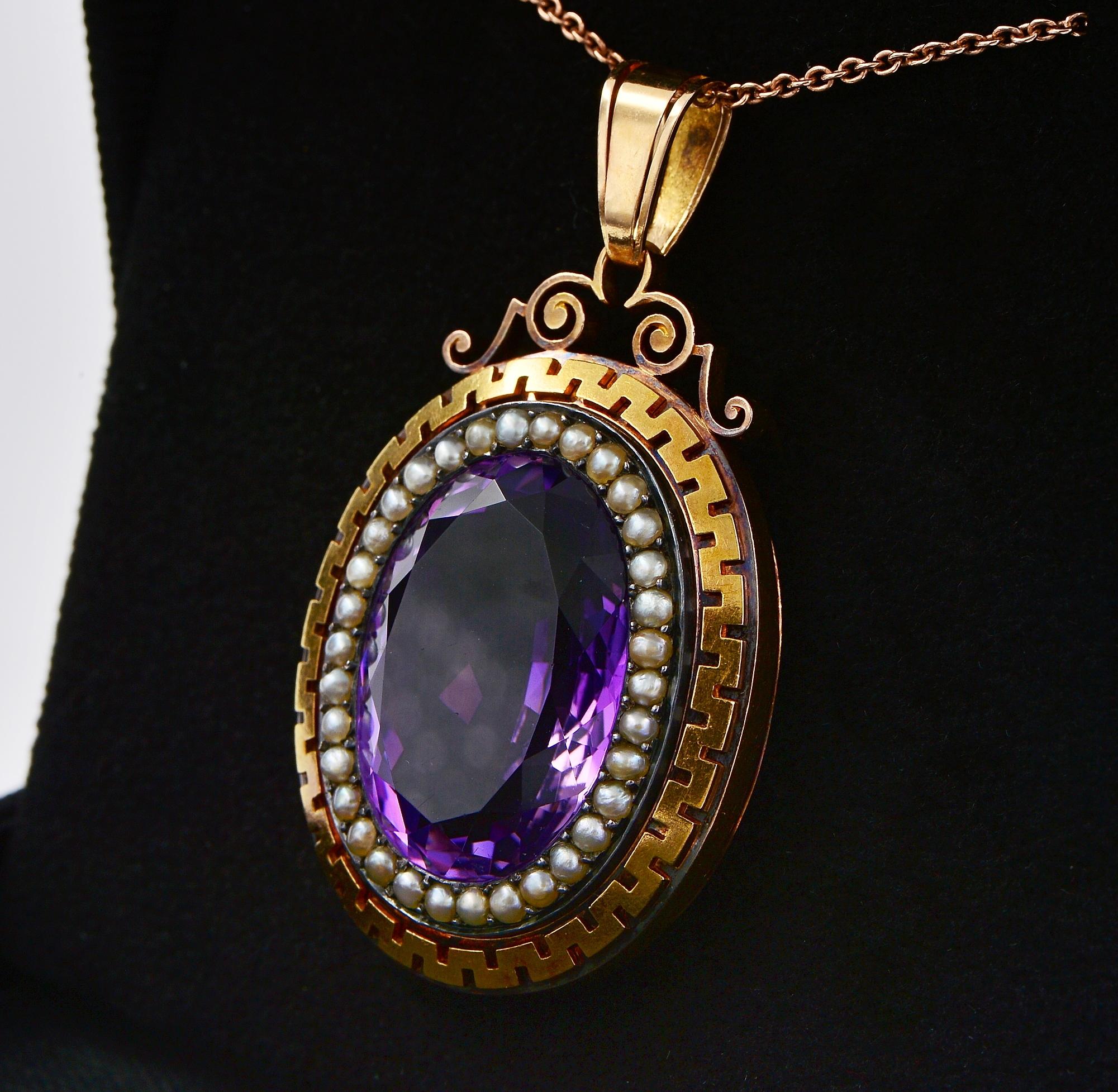 Victorian 33.00 Ct Natural Amethyst Micro Pearl 18 Kt Silver Large Pendant For Sale 1