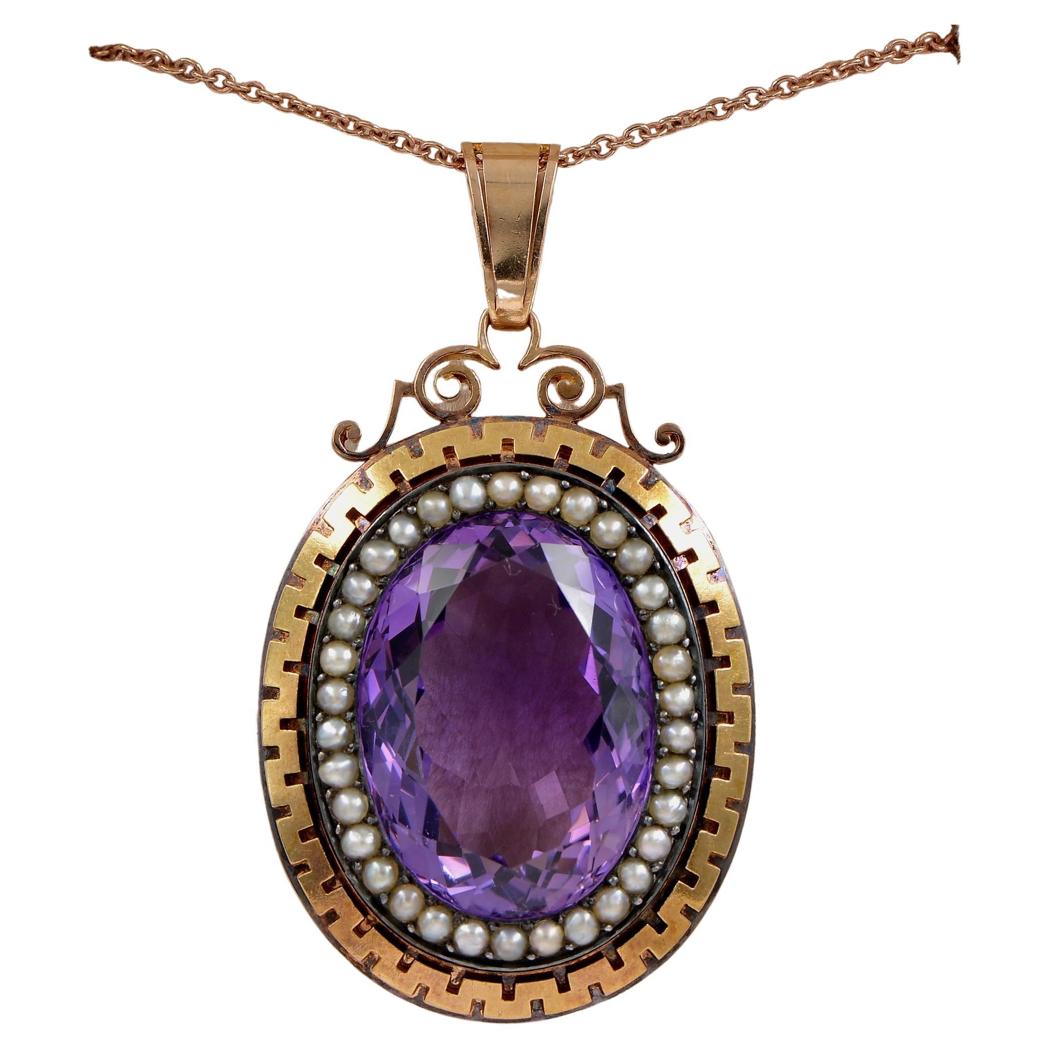 Victorian 33.00 Ct Natural Amethyst Micro Pearl 18 Kt Silver Large Pendant For Sale