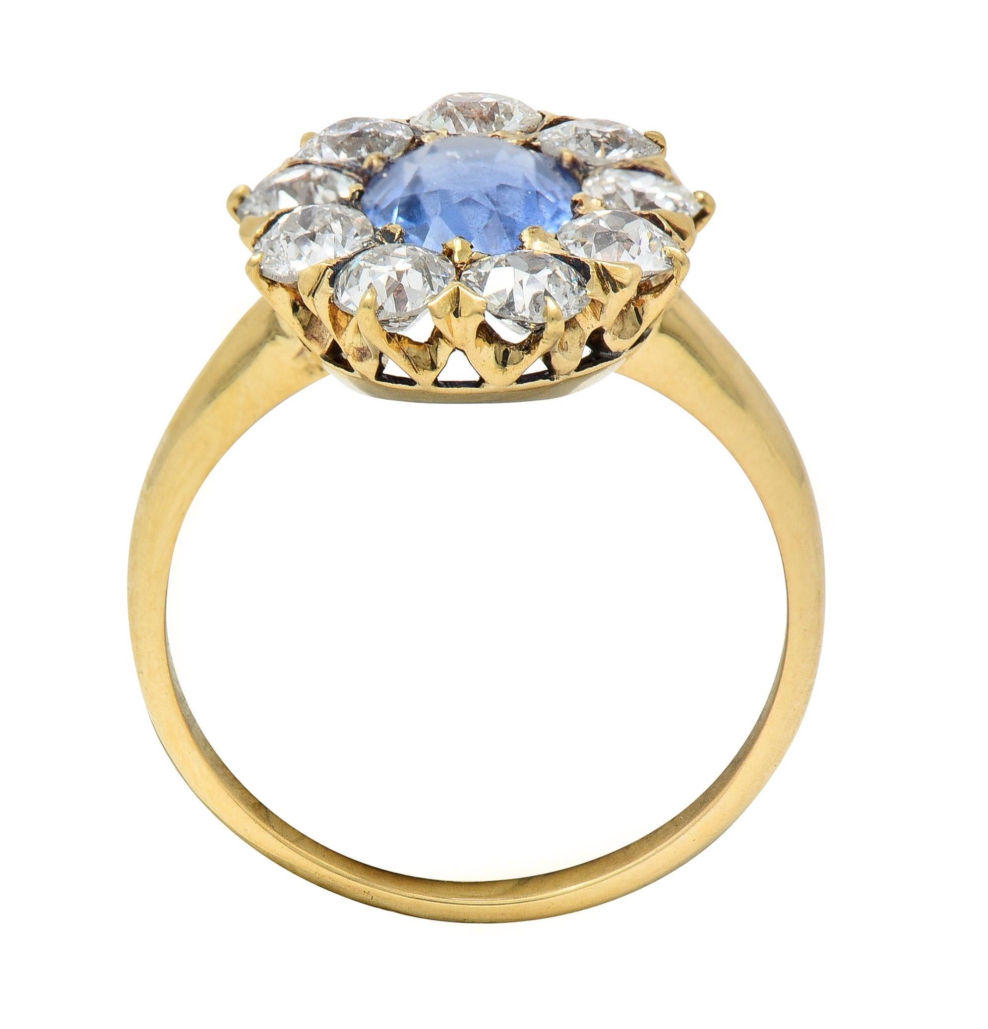 Victorian 3.31 CTW No Heat Ceylon Sapphire Diamond 14 Karat Gold Halo Ring GIA 4