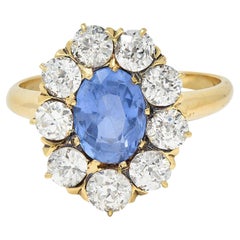 Viktorianischer 3,31 Karat CTW unbehandelter Ceylon Saphir Diamant 14 Karat Gold Halo-Ring GIA