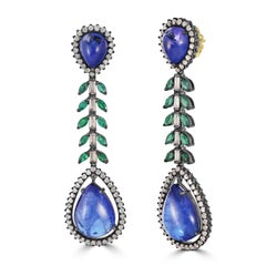 Victorian 33.22 Cttw. Tanzanite, Diamond and Emerald Dangle Earrings