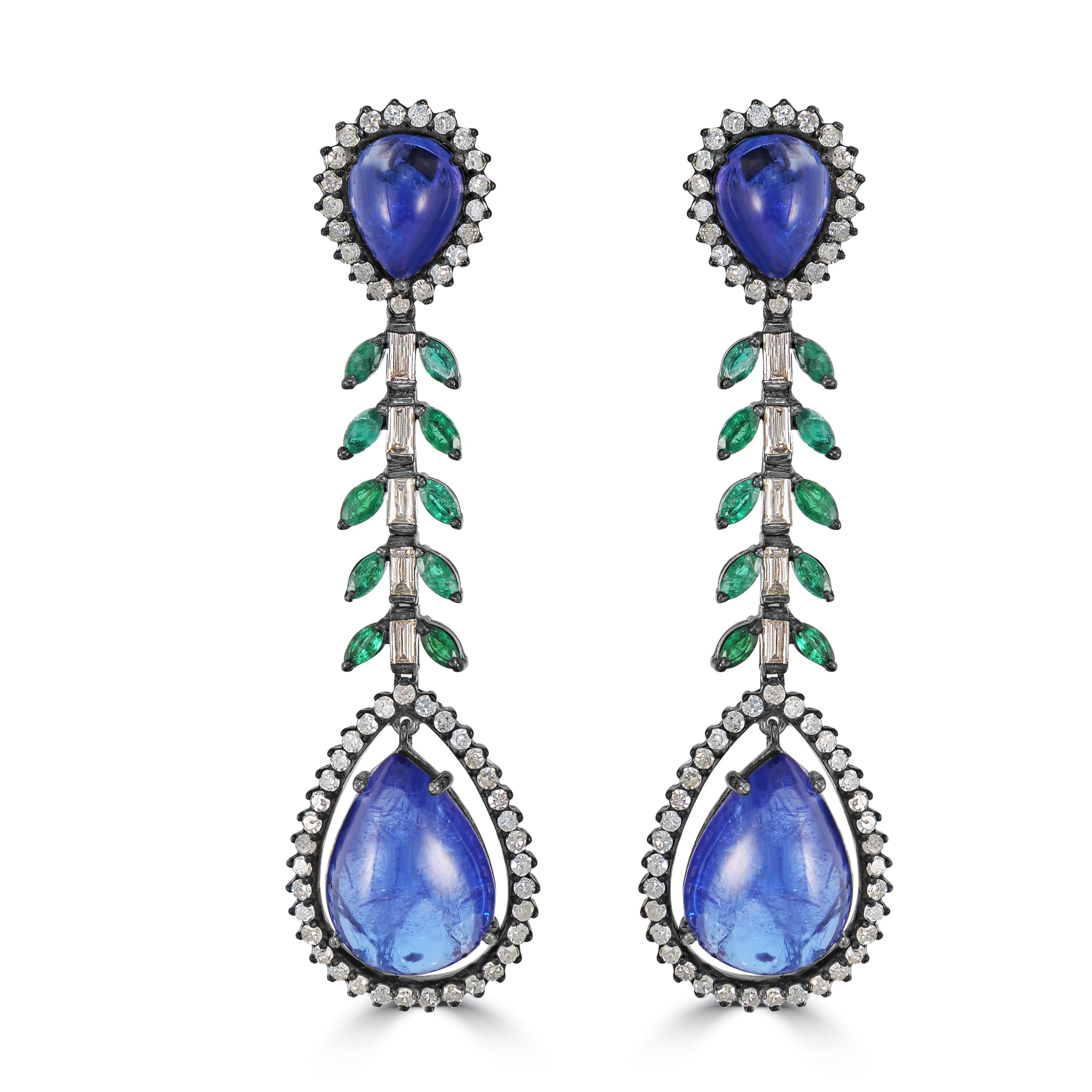 Victorian 33.22 Cttw. Tanzanite, Diamond and Emerald Dangle Earrings  In New Condition For Sale In New York, NY