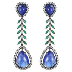 Victorian 33.22 Cttw. Tanzanite, Diamond and Emerald Dangle Earrings 