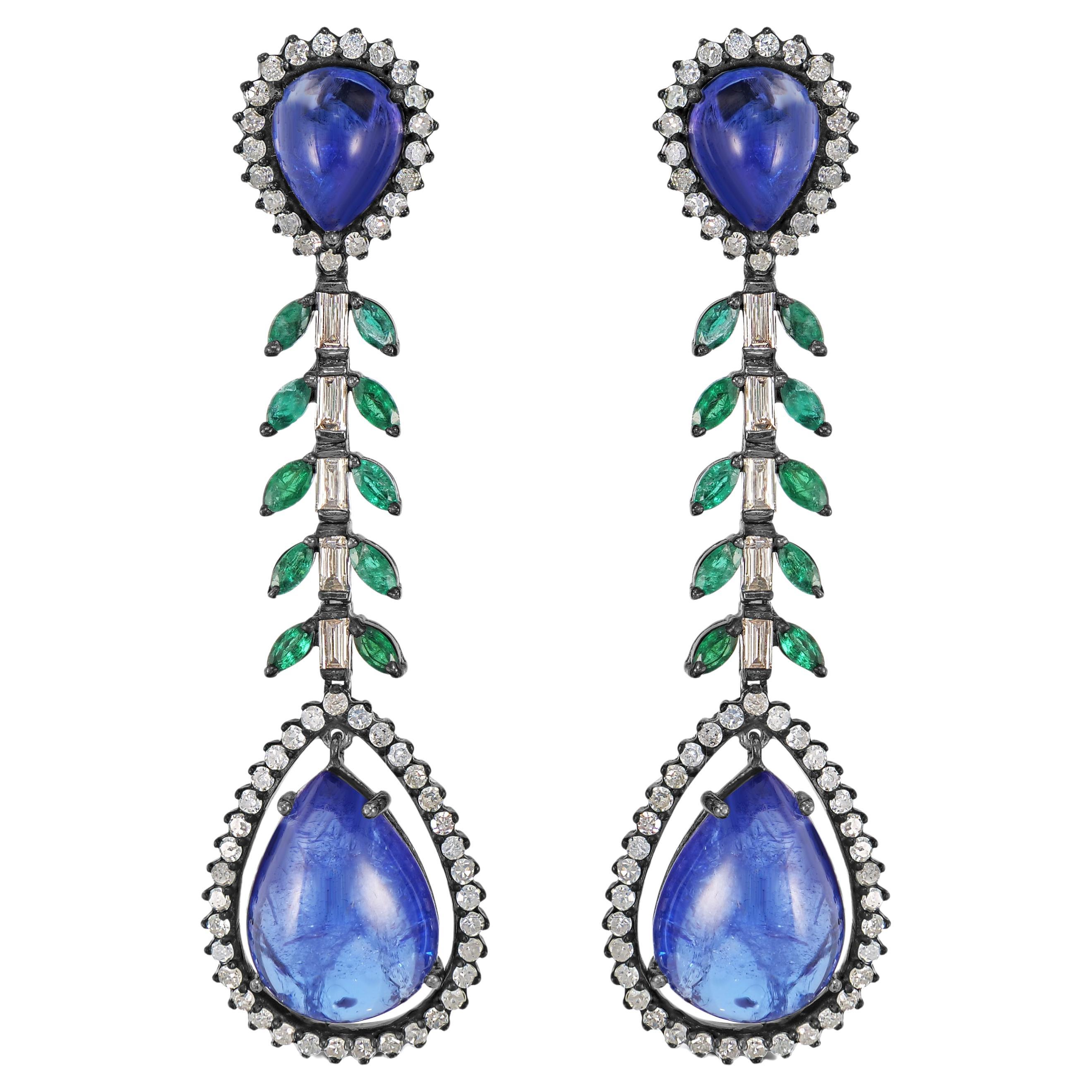 Victorian 33.22 Cttw. Tanzanite, Diamond and Emerald Dangle Earrings For Sale