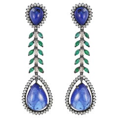 Victorian 33.22 Cttw. Tanzanite, Diamond and Emerald Dangle Earrings