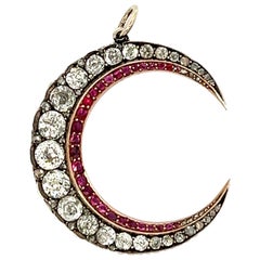 Antique Victorian 3.35 Carats Diamonds Ruby Silver 14K Rose Gold Crescent Pendant