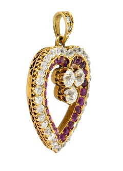 Victorian 3.35 Carats Ruby Diamond 18 Karat Yellow Gold Antique Heart Pendant