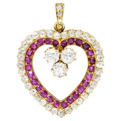 Victorian 3.35 Carats Ruby Diamond 18 Karat Yellow Gold Antique Heart Pendant