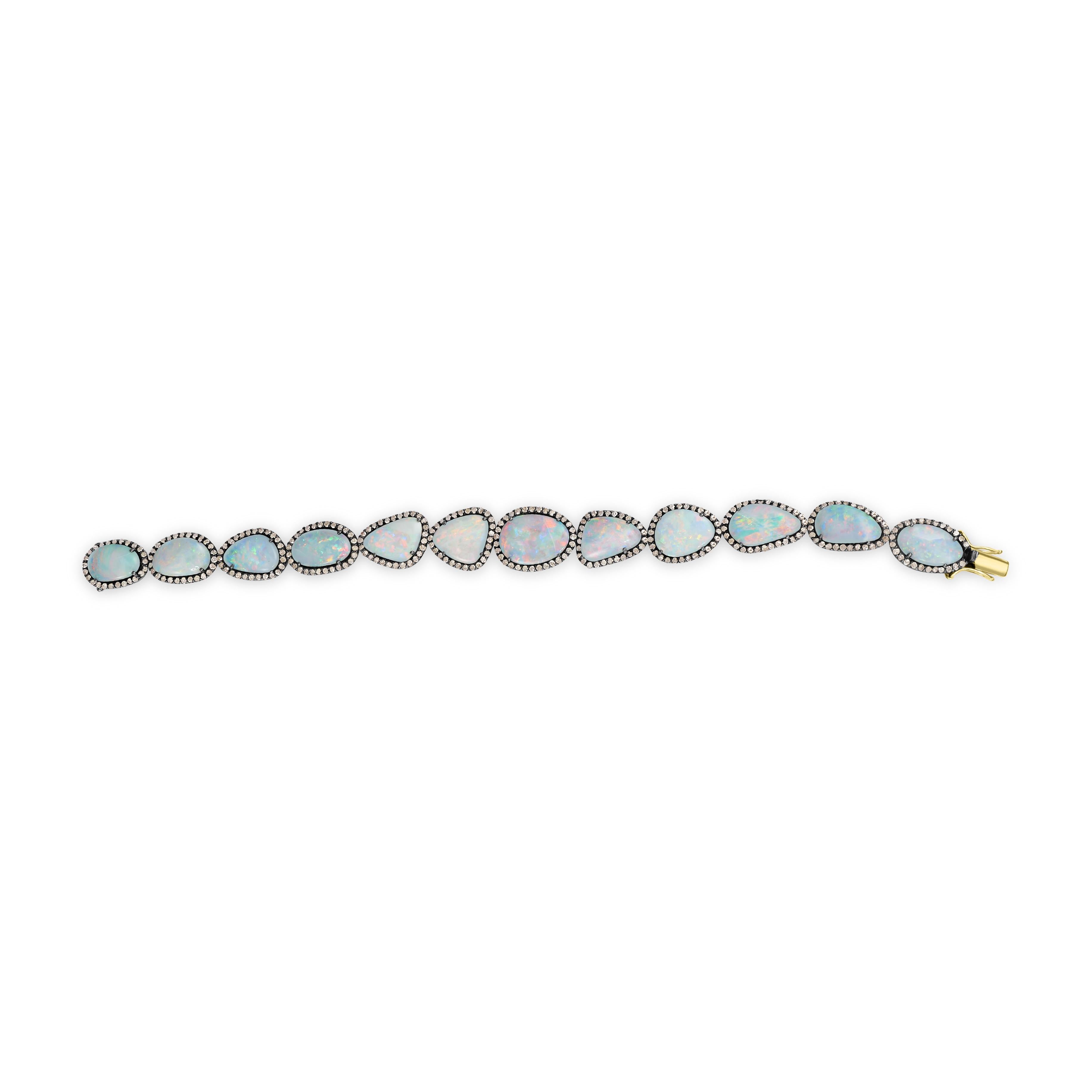 Oval Cut Victorian 33.9 Cttw. Doublet Blue Opal and Diamond Link Bracelet   For Sale