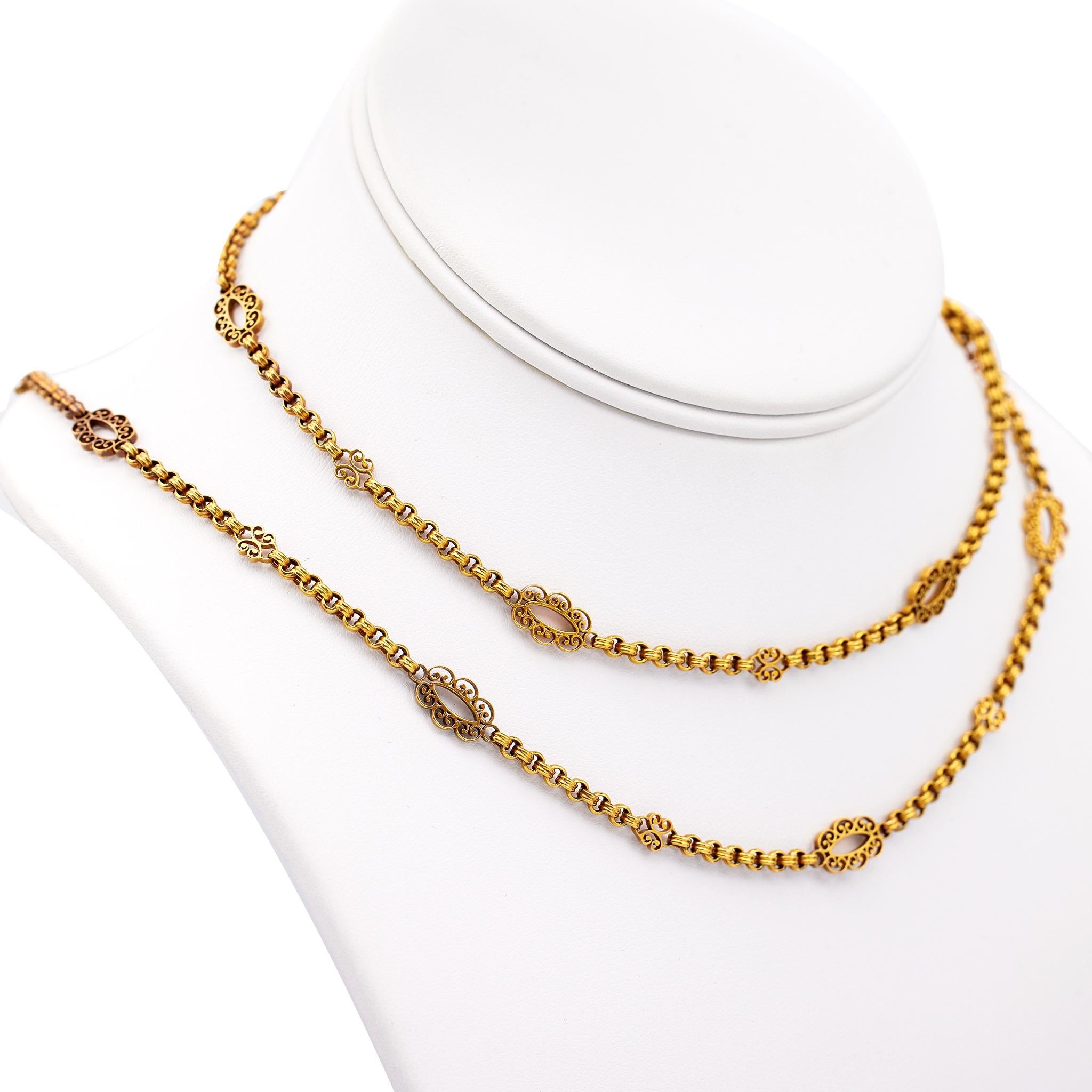 Victorian 34 Inch 18k Yellow Gold Fancy Link Chain Necklace In Good Condition In Beverly Hills, CA