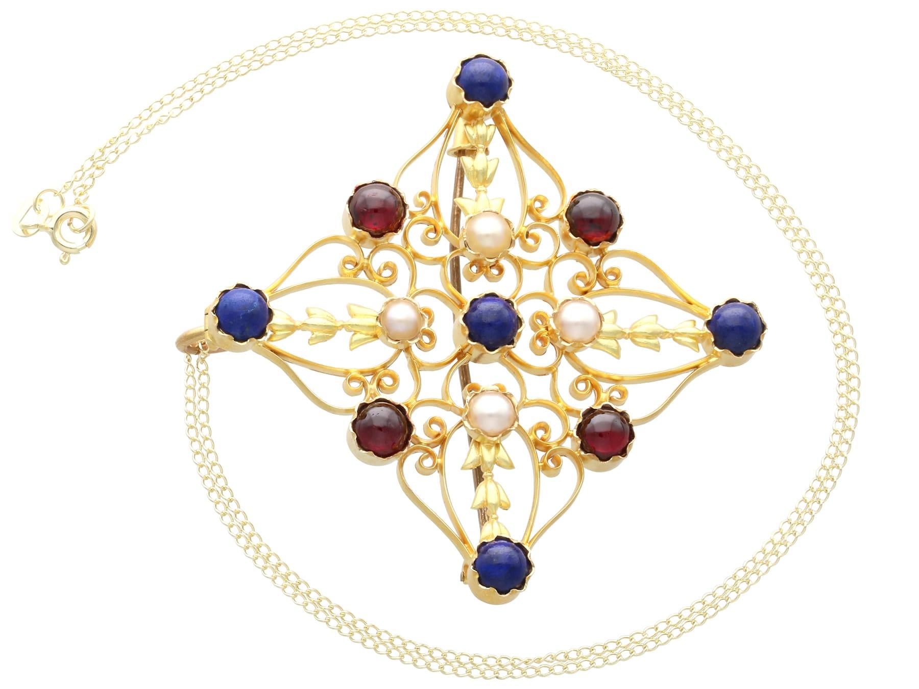 da uomo o donna Ciondolo vittoriano in oro giallo 18k con granato da 3,40 carati e perla di sodalite da 4,00 carati in vendita