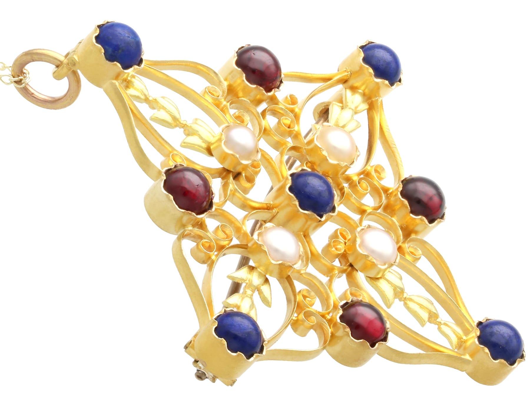 Ciondolo vittoriano in oro giallo 18k con granato da 3,40 carati e perla di sodalite da 4,00 carati in vendita 1