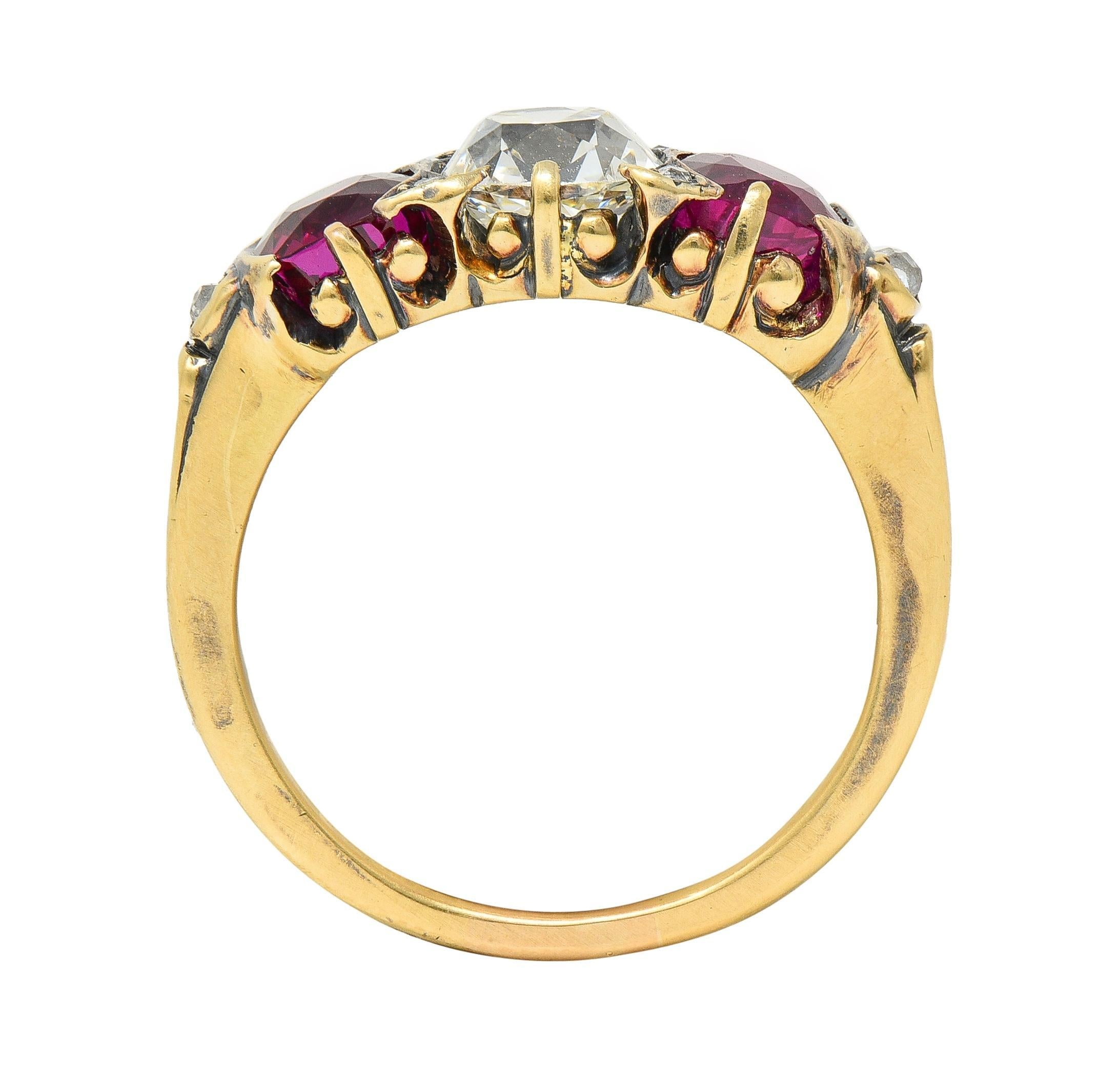 Victorian 3.40 CTW Diamond No Heat Burma Ruby 18 Karat Gold Three Stone Ring GIA For Sale 6