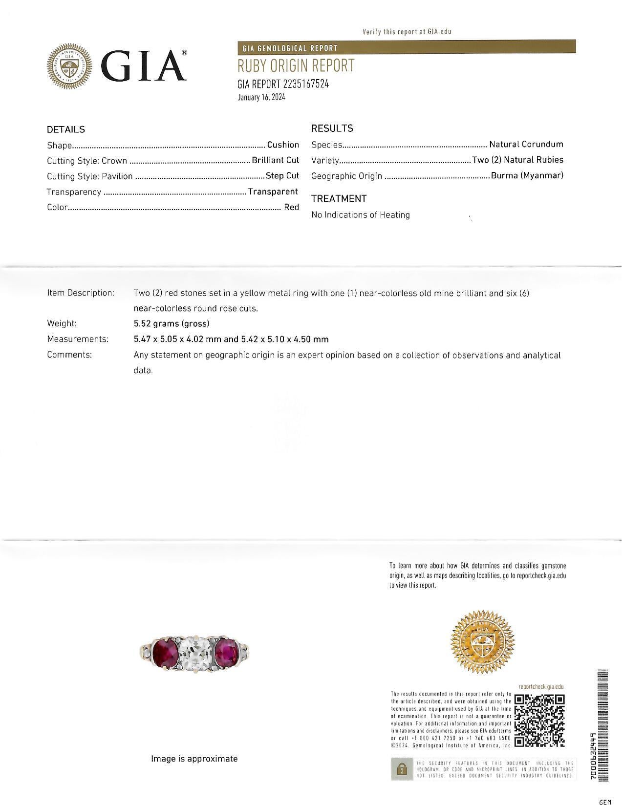 Victorian 3.40 CTW Diamond No Heat Burma Ruby 18 Karat Gold Three Stone Ring GIA For Sale 8