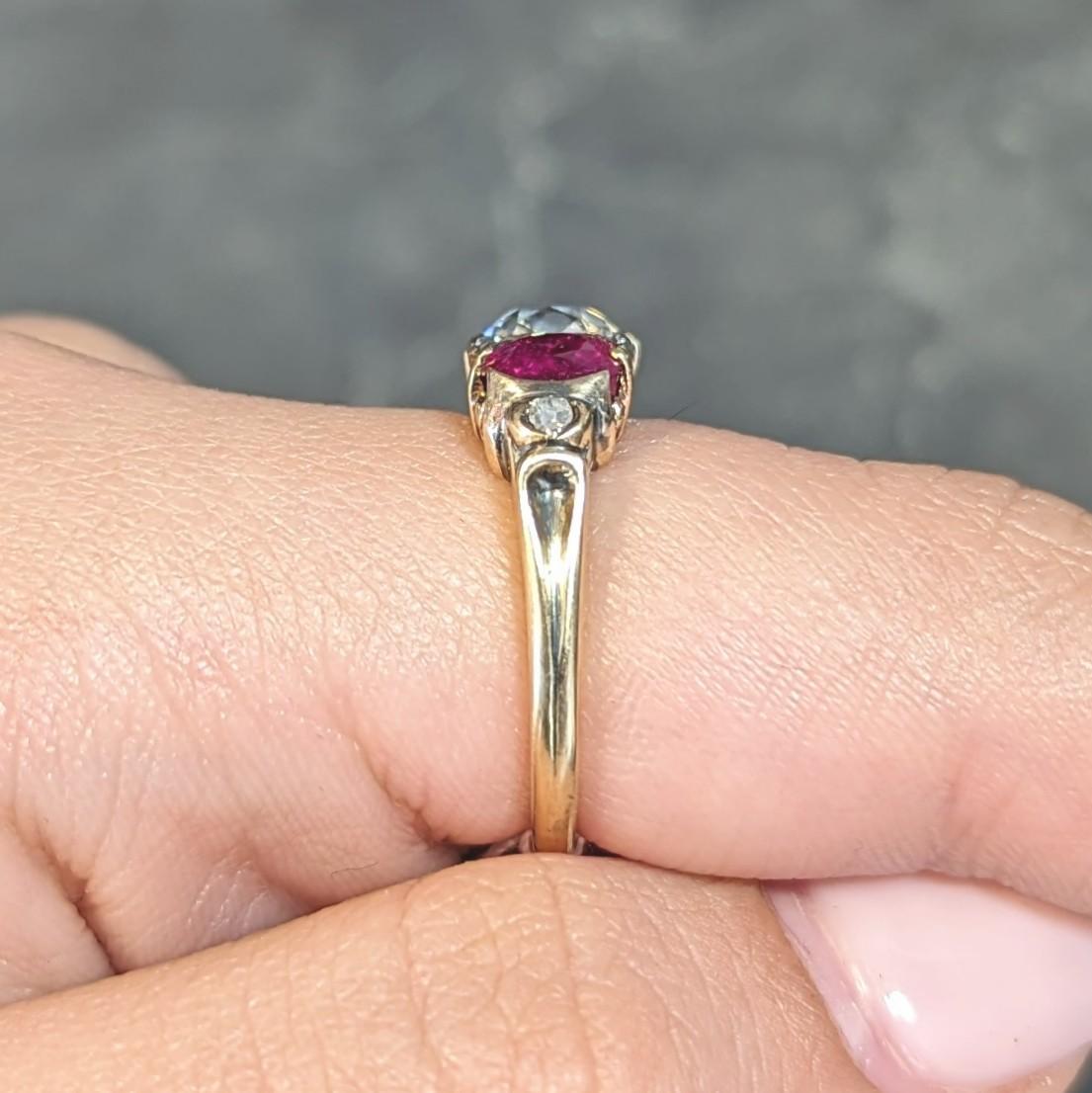 Victorian 3.40 CTW Diamond No Heat Burma Ruby 18 Karat Gold Three Stone Ring GIA For Sale 11