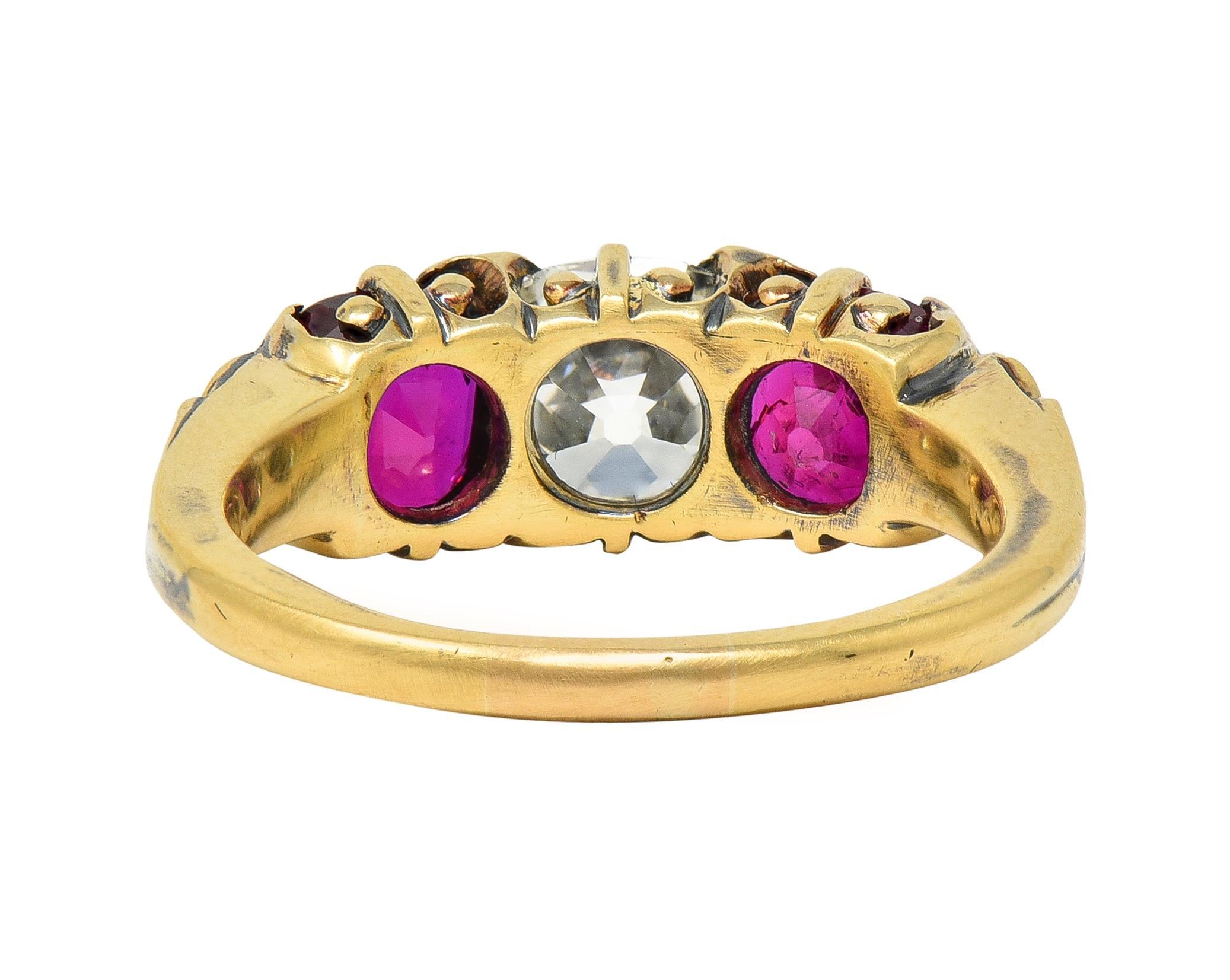 Victorian 3.40 CTW Diamond No Heat Burma Ruby 18 Karat Gold Three Stone Ring GIA In Excellent Condition For Sale In Philadelphia, PA