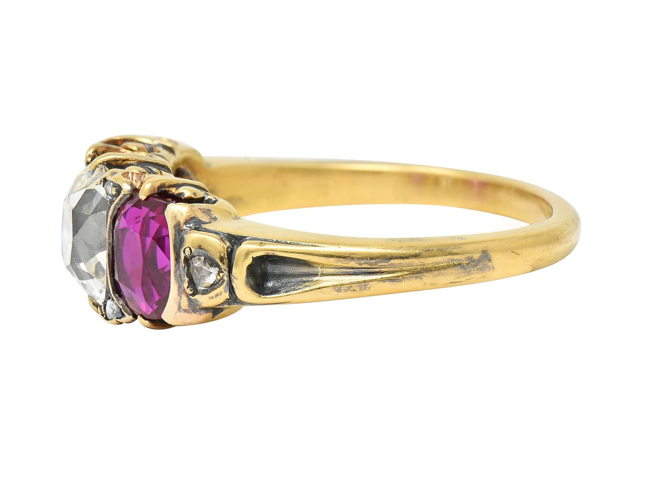 Women's or Men's Victorian 3.40 CTW Diamond No Heat Burma Ruby 18 Karat Gold Three Stone Ring GIA For Sale
