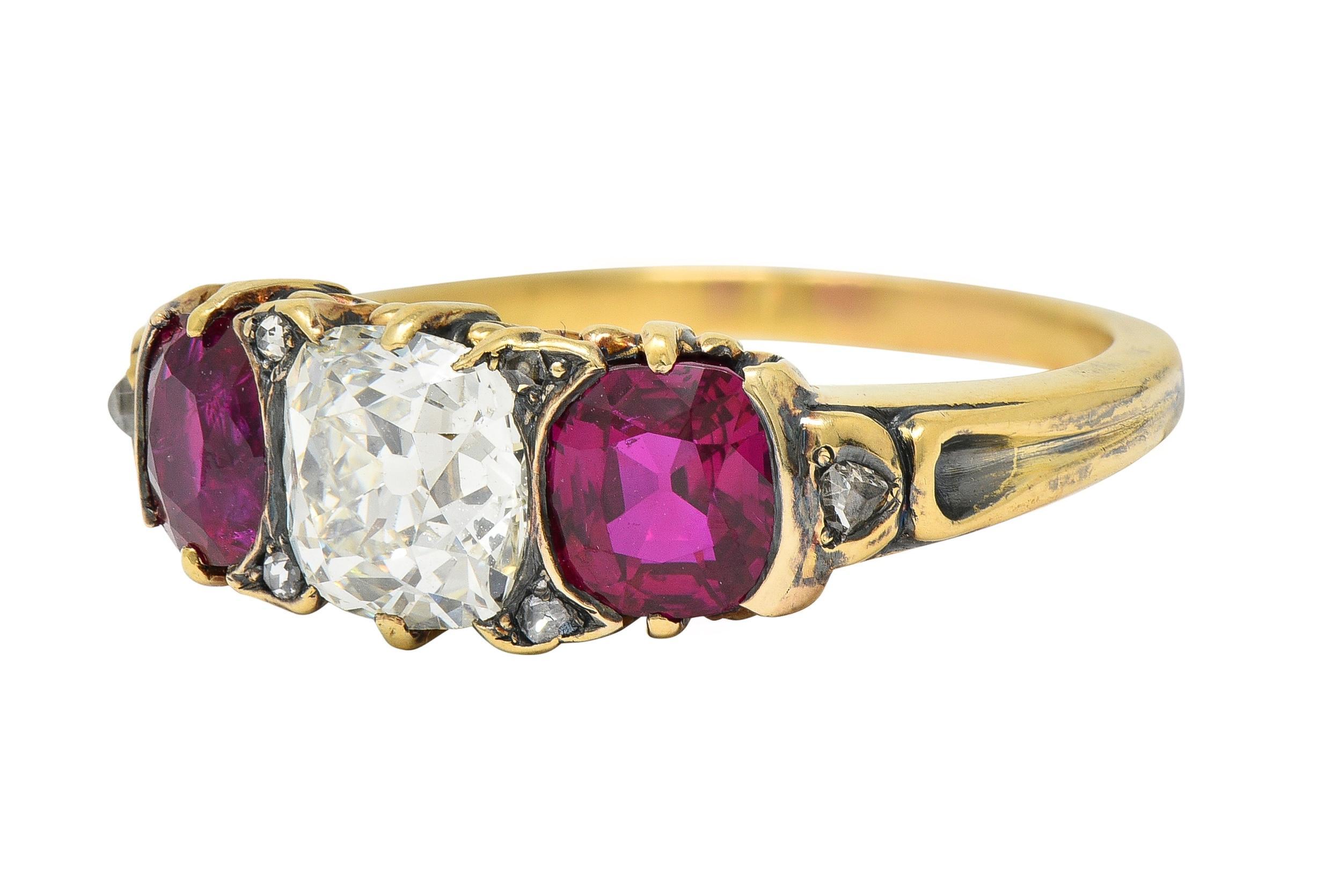 Victorian 3.40 CTW Diamond No Heat Burma Ruby 18 Karat Gold Three Stone Ring GIA For Sale 1