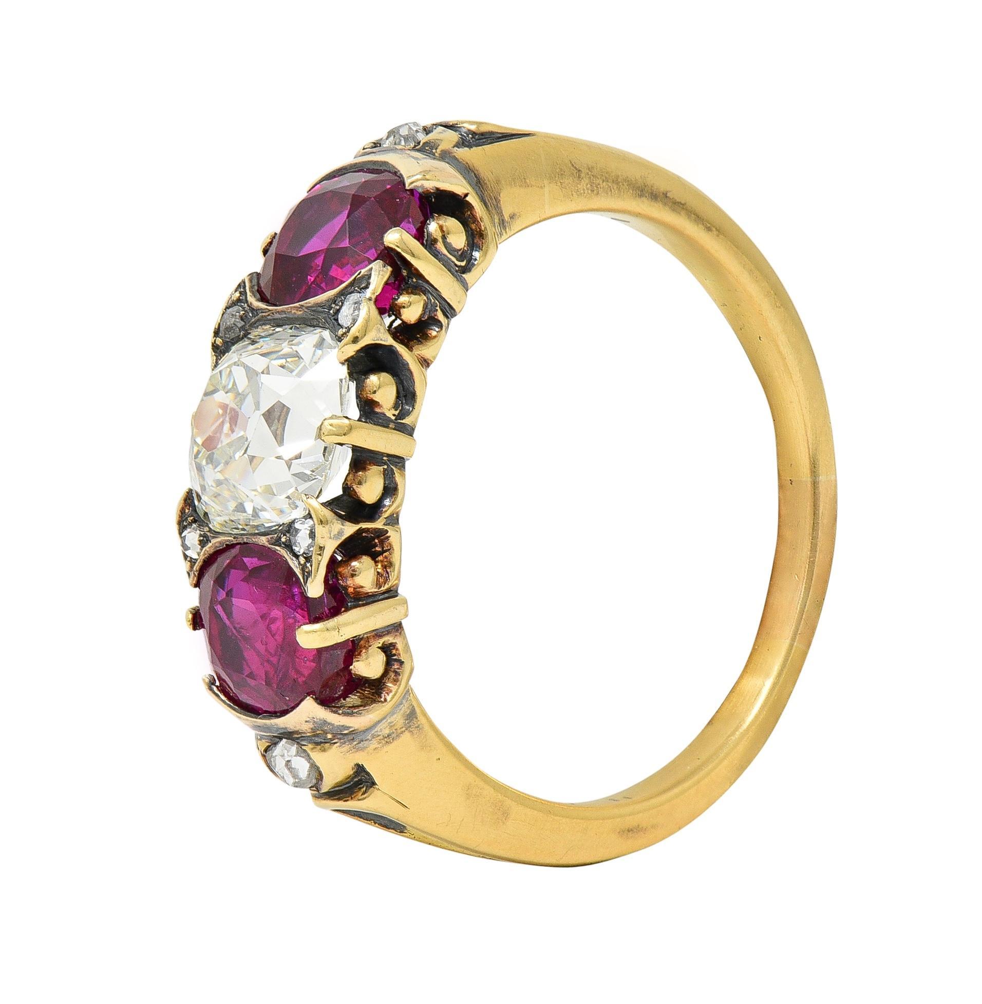 Victorian 3.40 CTW Diamond No Heat Burma Ruby 18 Karat Gold Three Stone Ring GIA For Sale 2