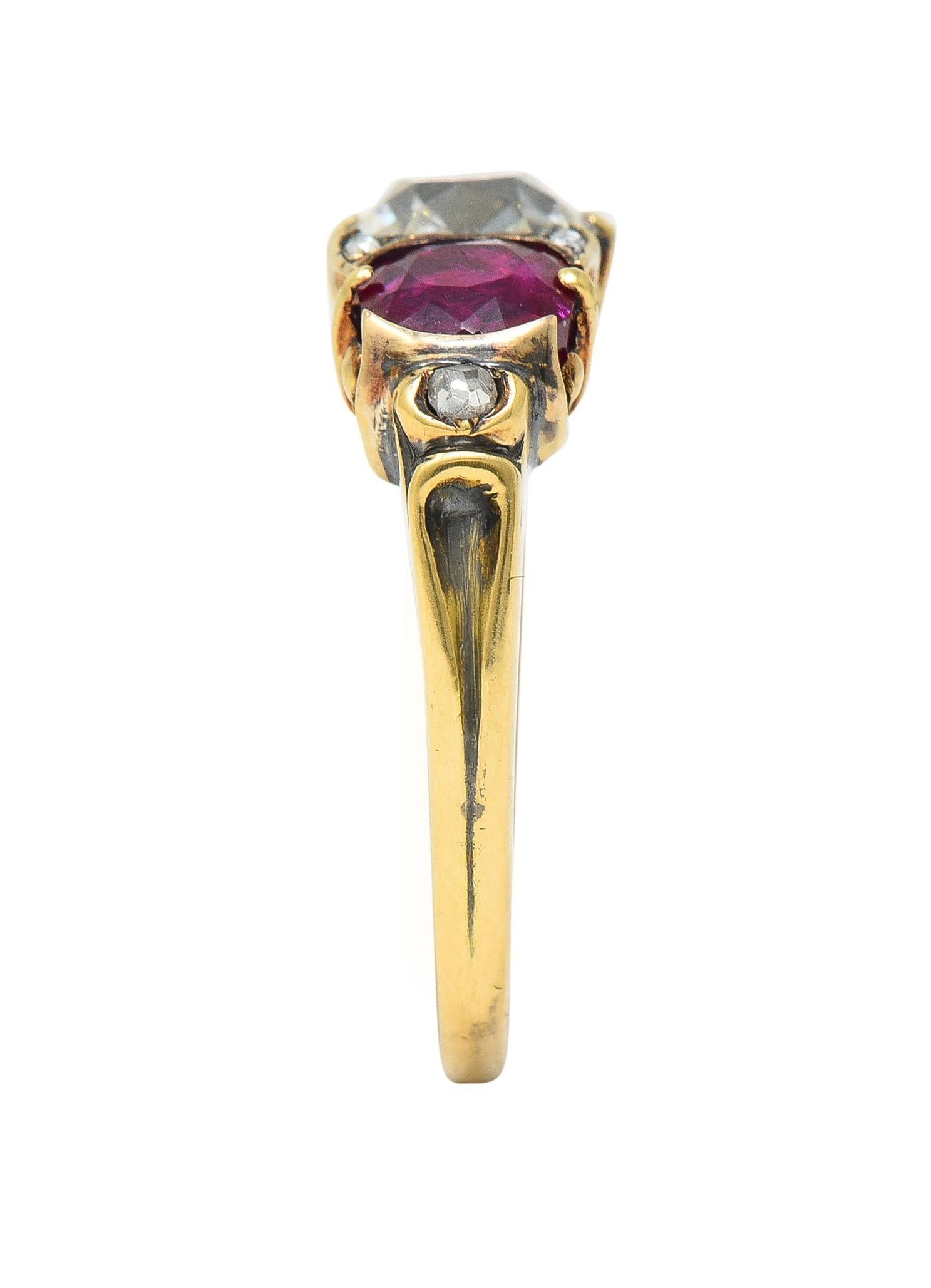 Victorian 3.40 CTW Diamond No Heat Burma Ruby 18 Karat Gold Three Stone Ring GIA For Sale 4