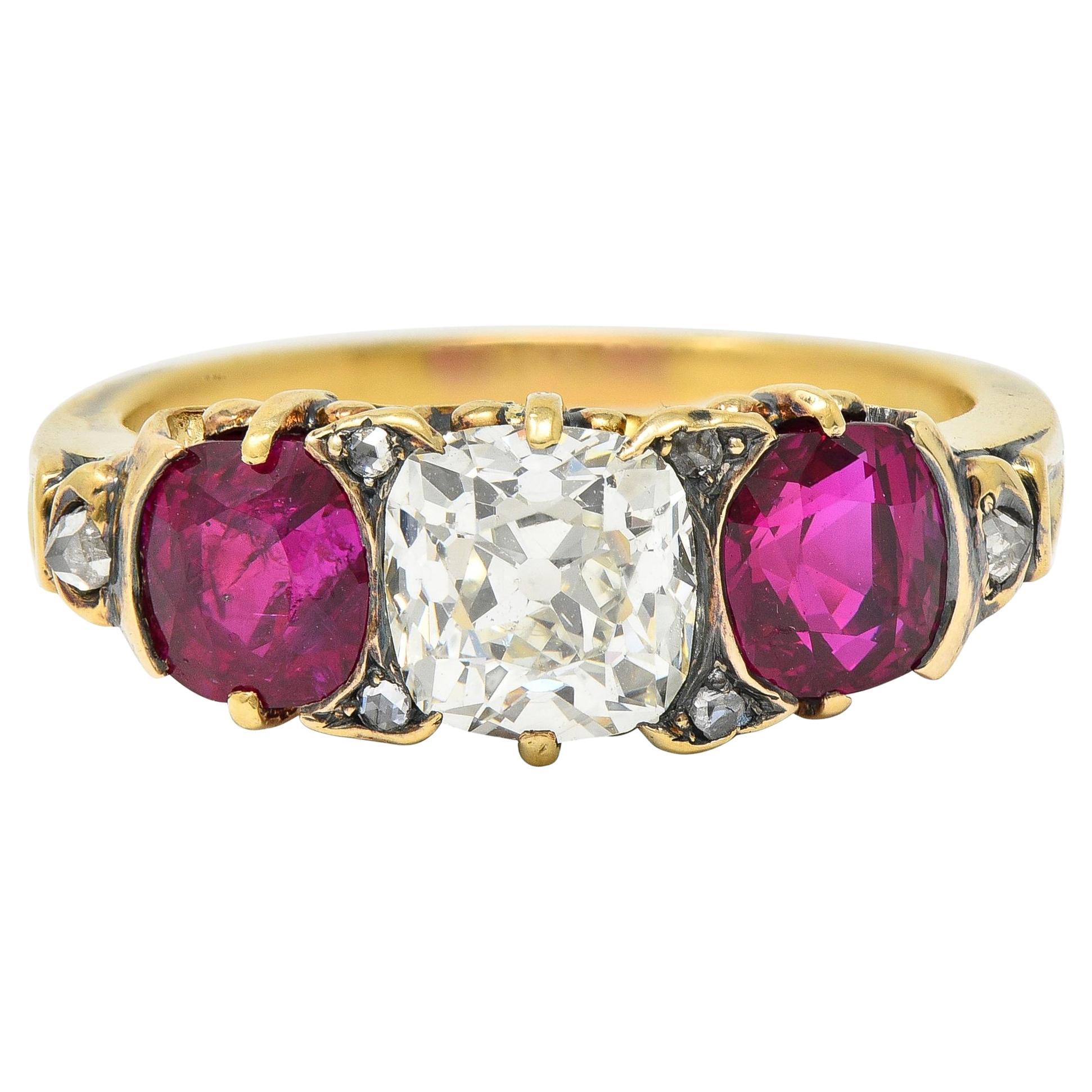 Victorian 3.40 CTW Diamond No Heat Burma Ruby 18 Karat Gold Three Stone Ring GIA For Sale