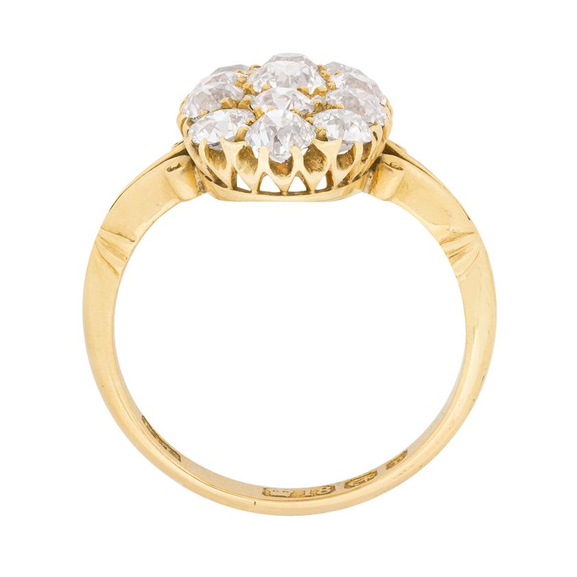 3.40 carats of old cut diamonds sparkle atop an oval-shaped bezel at the grain set focal point of this dazzling Victorian era ring.

Lovely period details are evident in the setting’s decorative pierced gallery and artfully-carved shoulders.

This