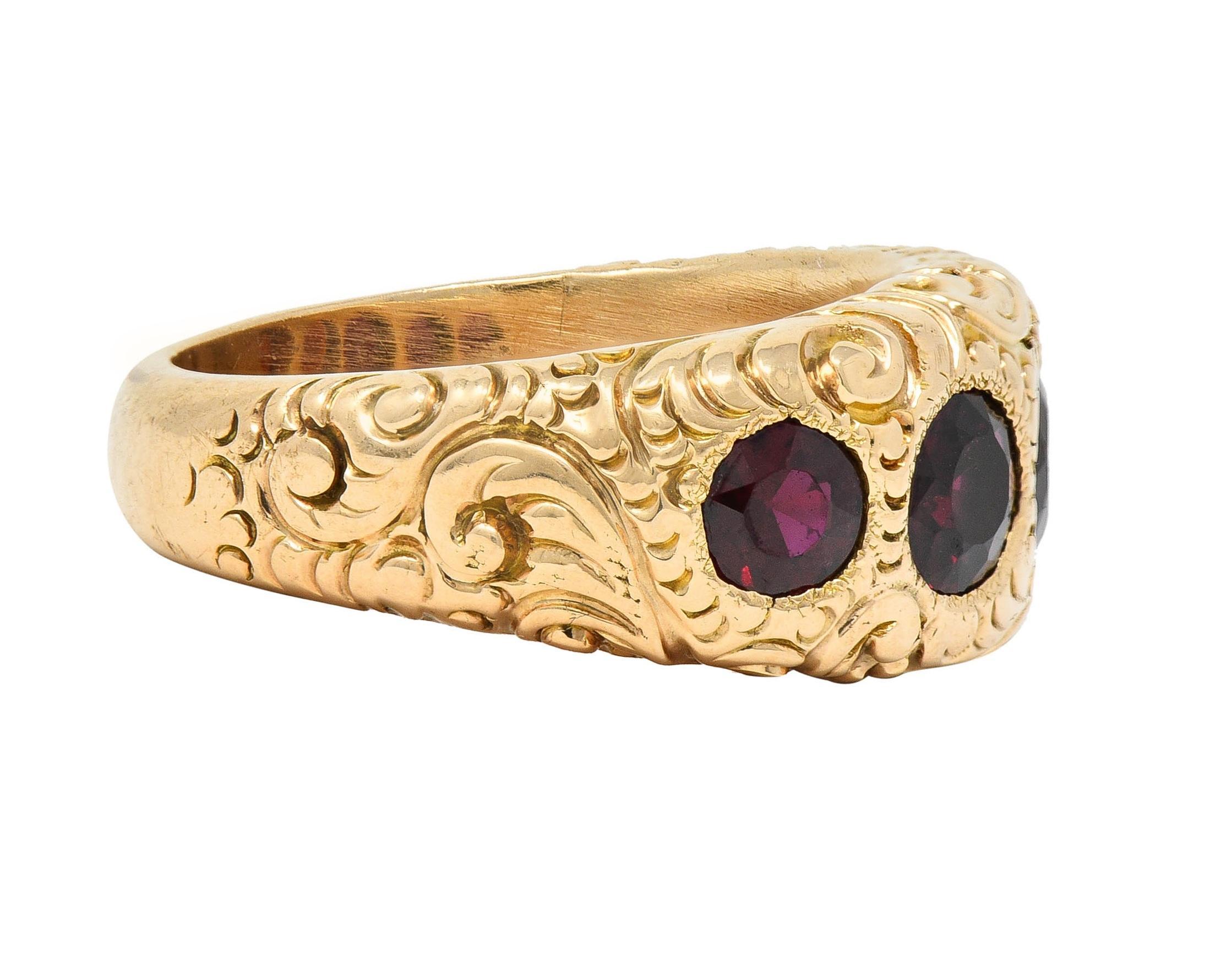 Victorian 3.44 CTW Garnet 14 Karat Yellow Gold Antique Five Stone Band Ring In Excellent Condition For Sale In Philadelphia, PA