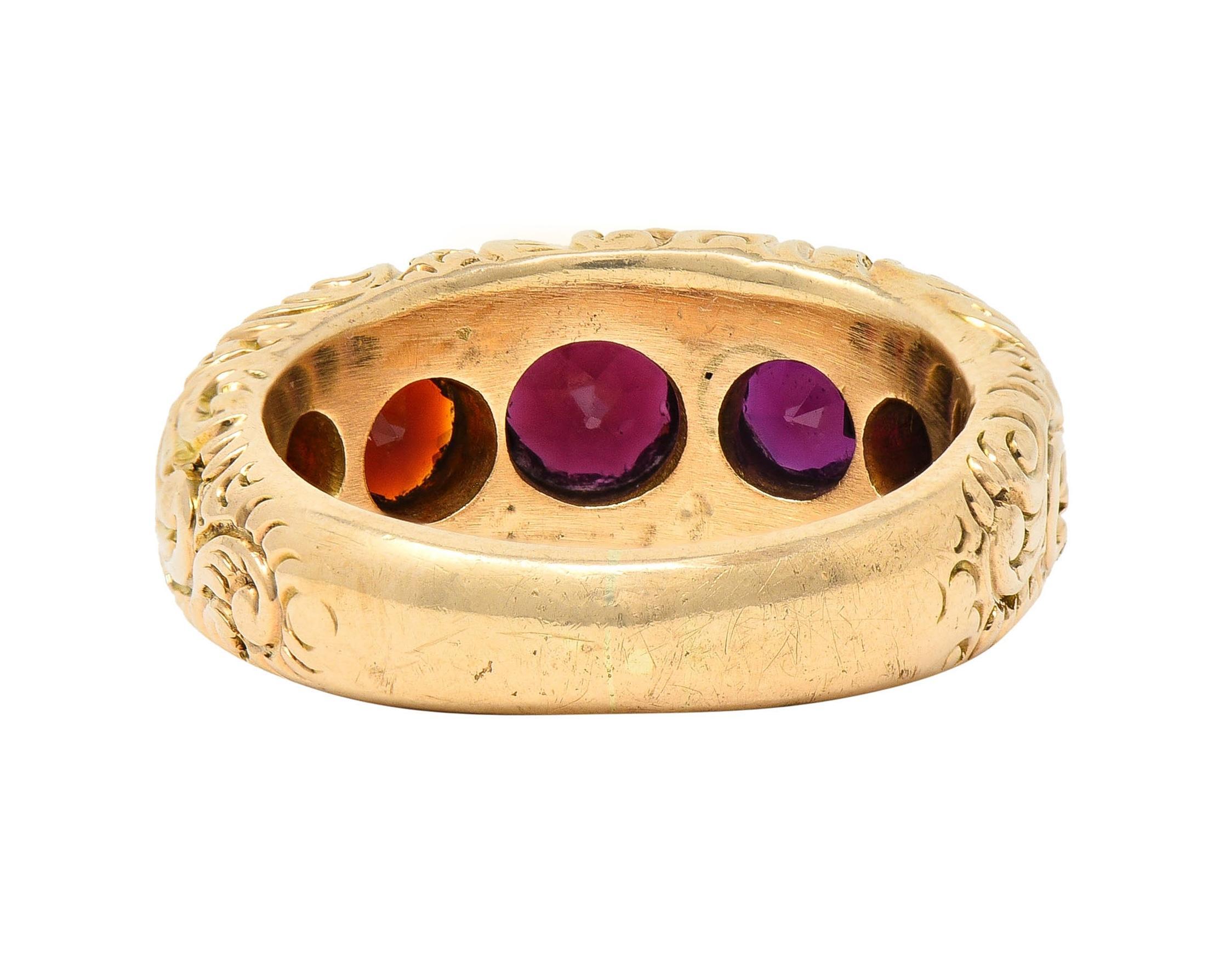 Women's or Men's Victorian 3.44 CTW Garnet 14 Karat Yellow Gold Antique Five Stone Band Ring For Sale