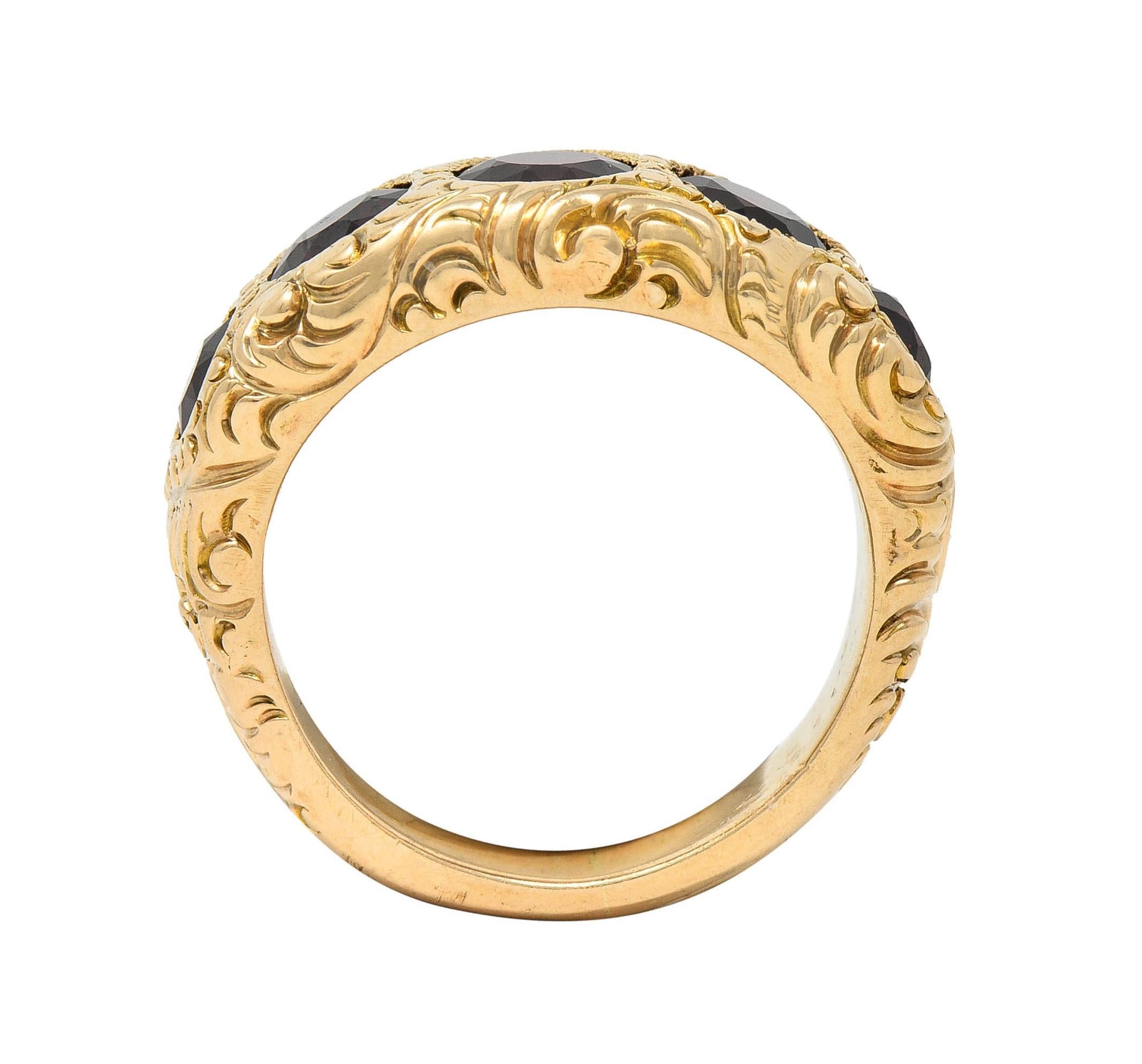 Victorian 3.44 CTW Garnet 14 Karat Yellow Gold Antique Five Stone Band Ring For Sale 4