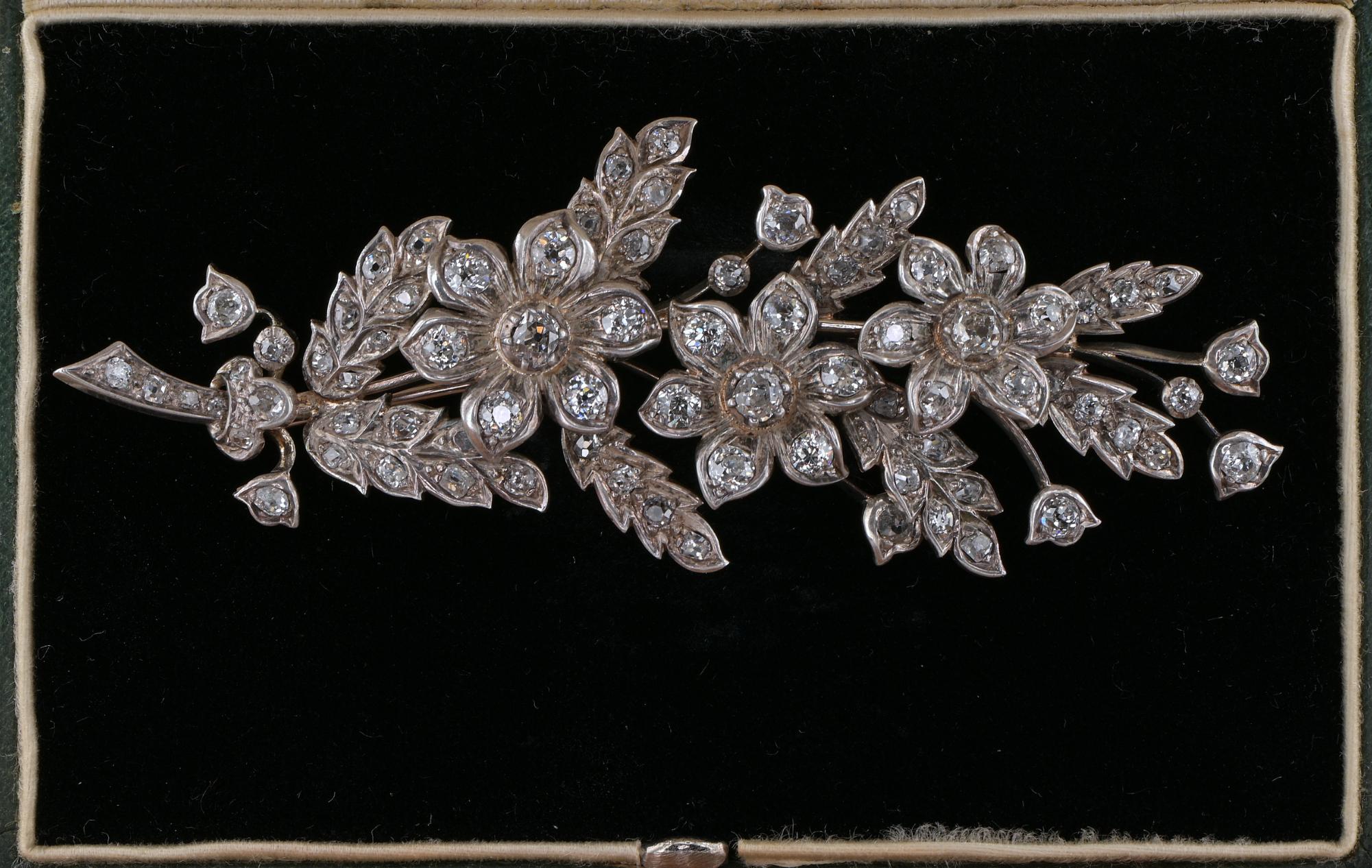 This outstanding Victorian period spray brooch is 1890/1900 ca
Hand crafted during the time of solid 18 Kt yellow gold topped by silver
Nature inspired design of a stunning bunch of leaf and flowers, rich and opulent as it could be in nature,
