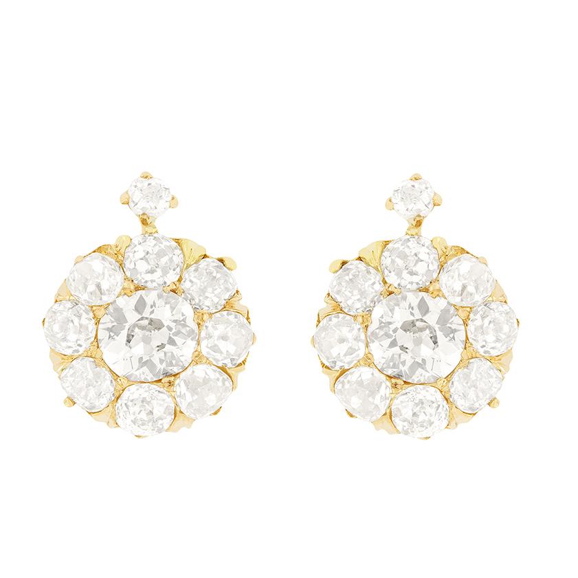 Old Mine Cut Victorian 3.50ct Diamond Cluster Earrings, c.1880s For Sale