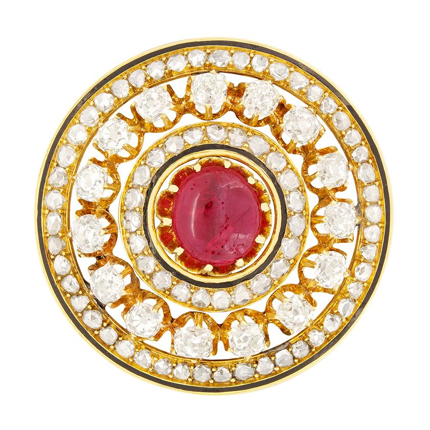 Viktorianische Brosche aus 3,50 Karat synthetischem Rubin und Diamanten, um 1880 (Cabochon) im Angebot