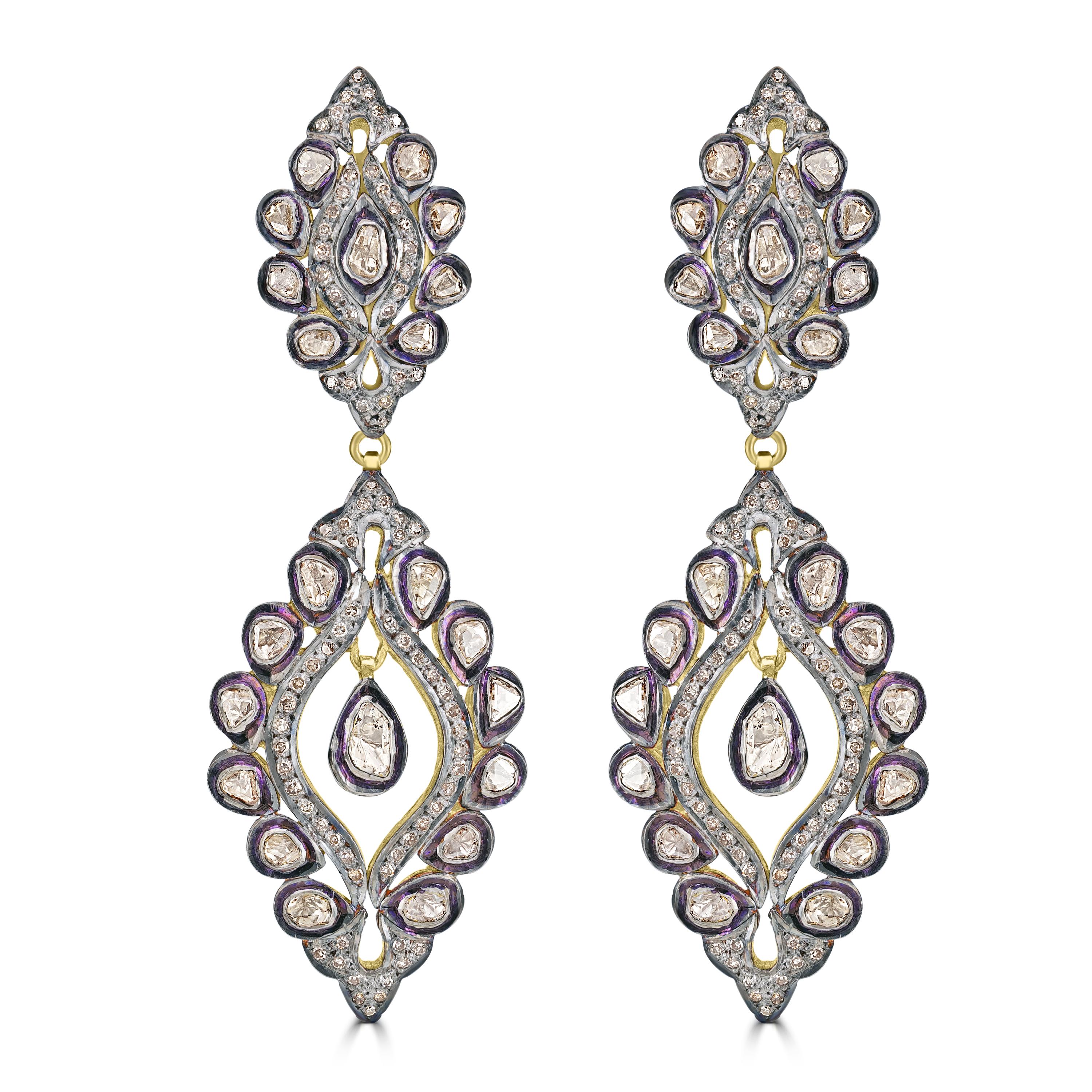 Victorian 3.54 Cttw. Diamond Floral Dangle Earrings in 18k/925 In New Condition For Sale In New York, NY
