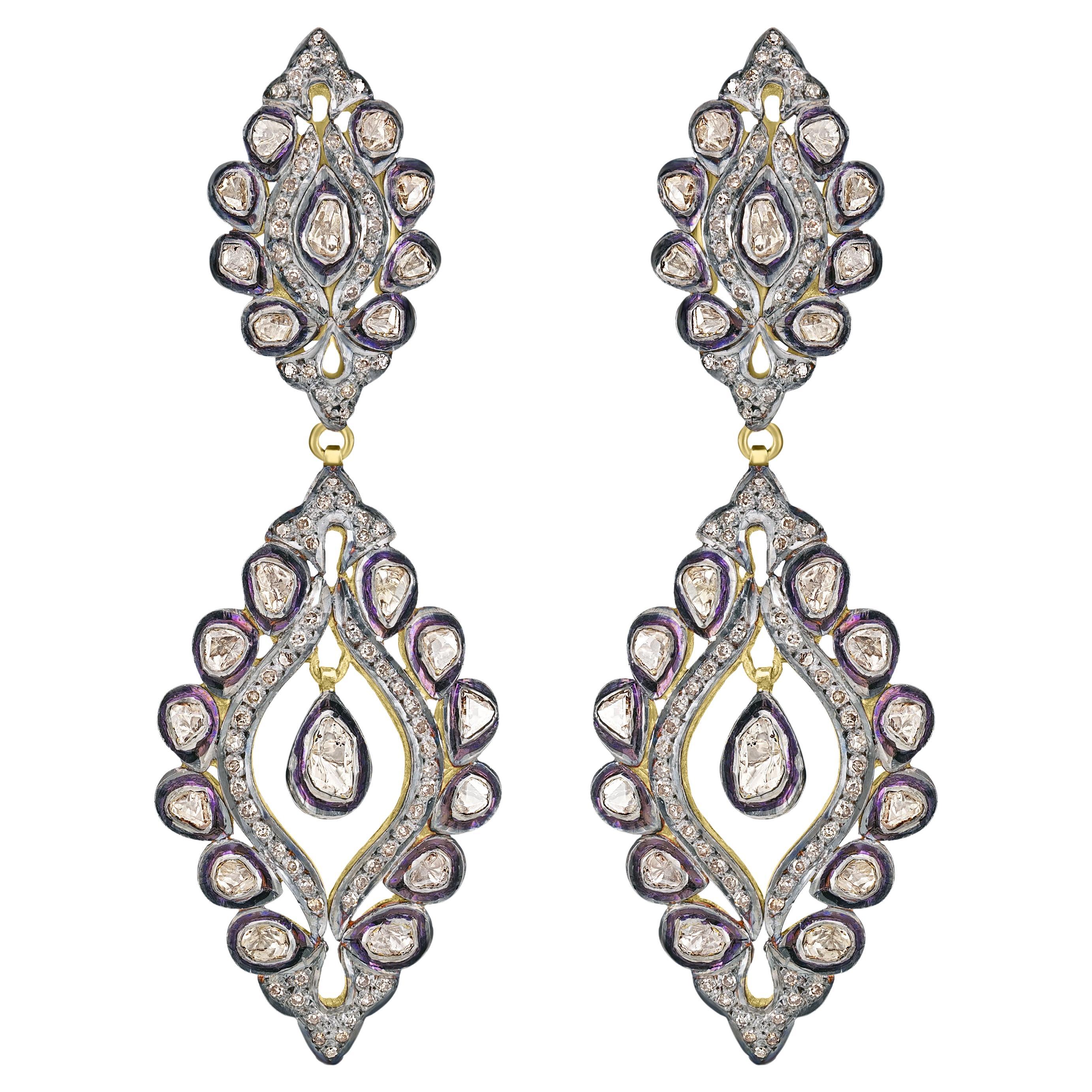 Victorian 3.54 Cttw. Diamond Floral Dangle Earrings in 18k/925 For Sale