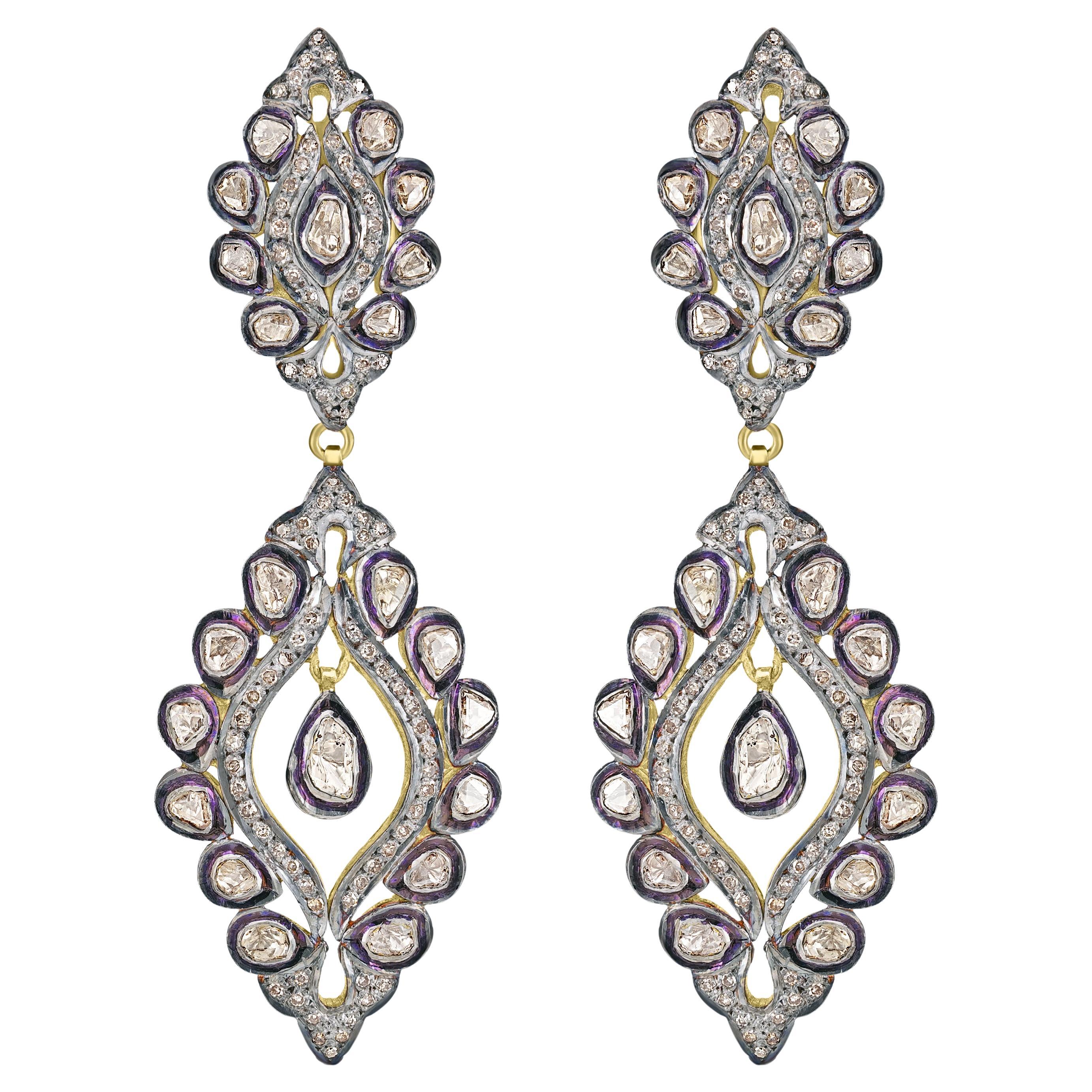 Victorian 3.54 Cttw. Diamond Floral Dangle Earrings in 18k/925