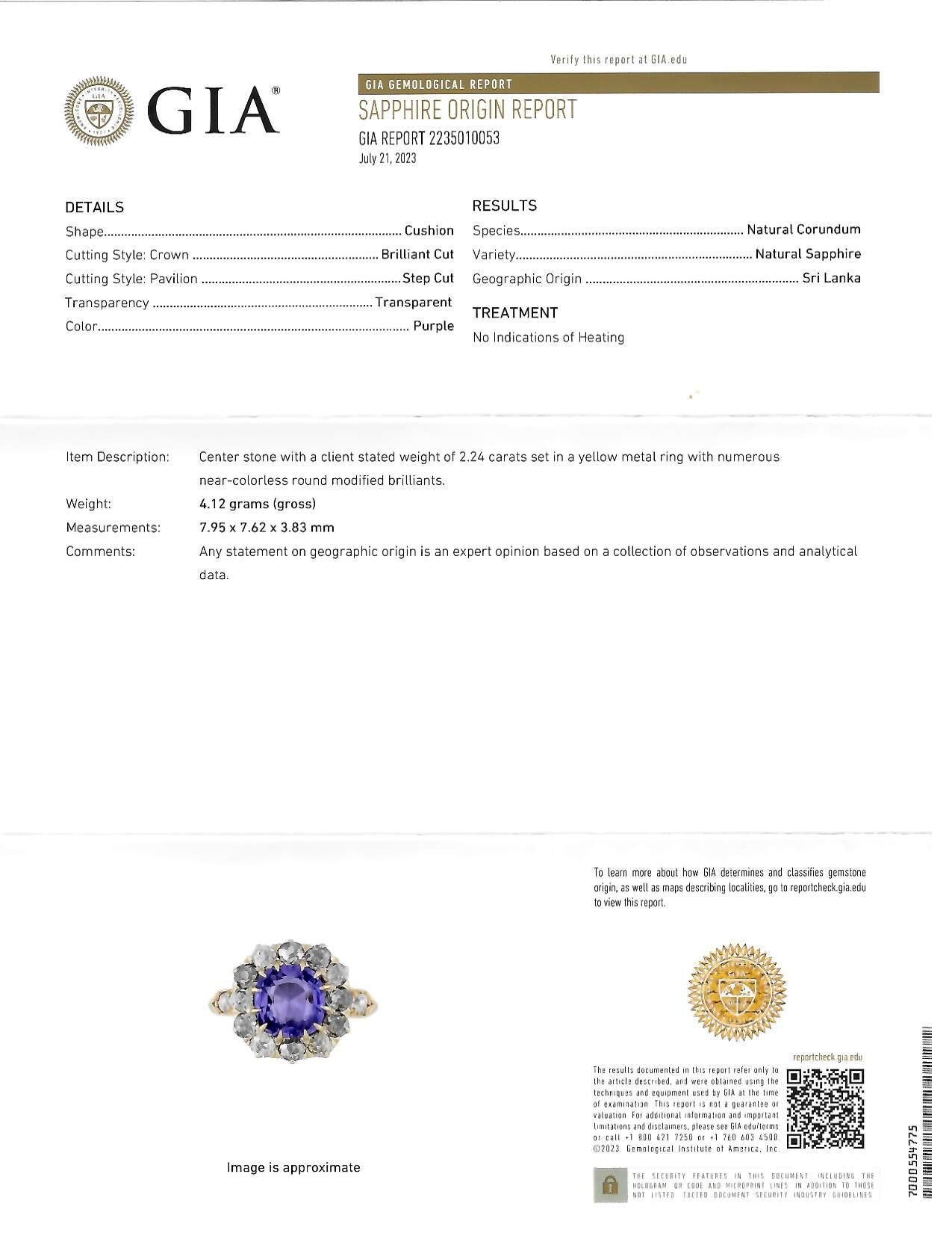 Victorian 3.56 CTW No Heat Purple Sapphire Diamond 18 Karat Gold Ring GIA 5