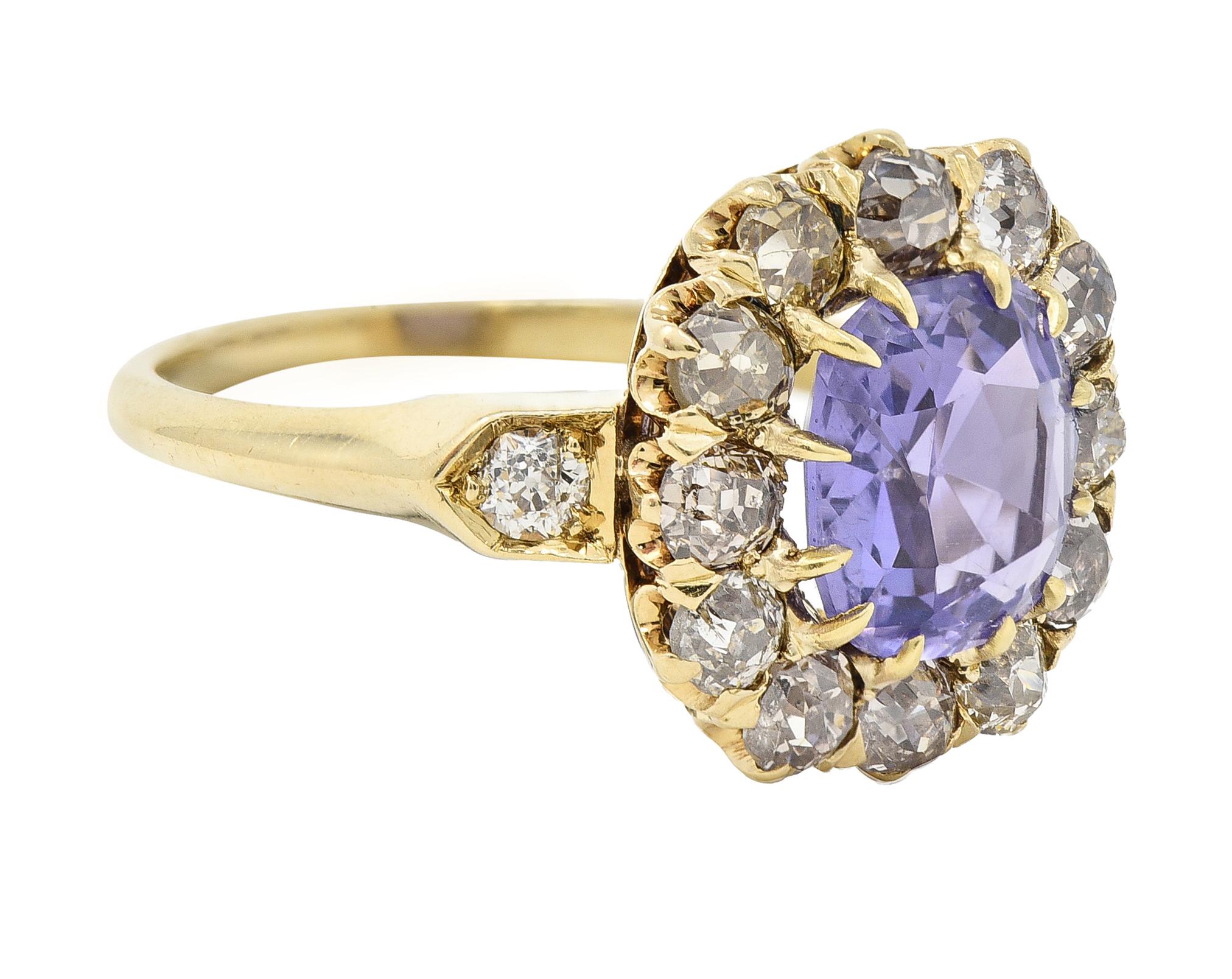 Cushion Cut Victorian 3.56 CTW No Heat Purple Sapphire Diamond 18 Karat Gold Ring GIA