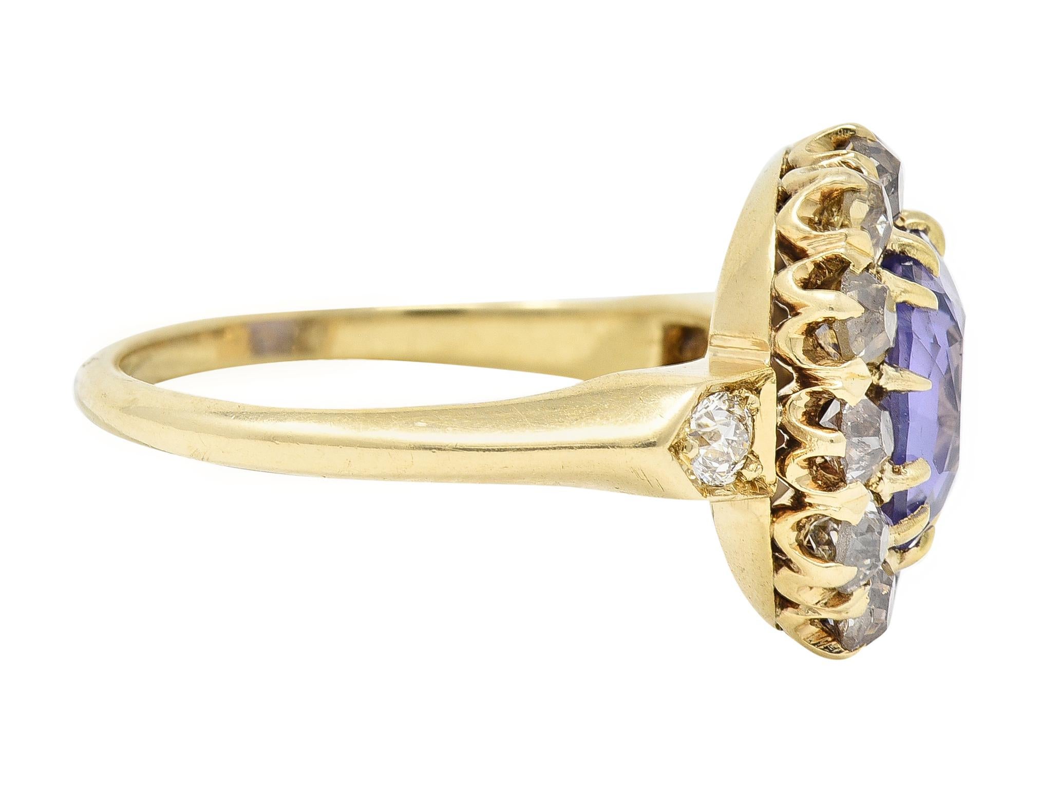 Victorian 3.56 CTW No Heat Purple Sapphire Diamond 18 Karat Gold Ring GIA In Excellent Condition In Philadelphia, PA