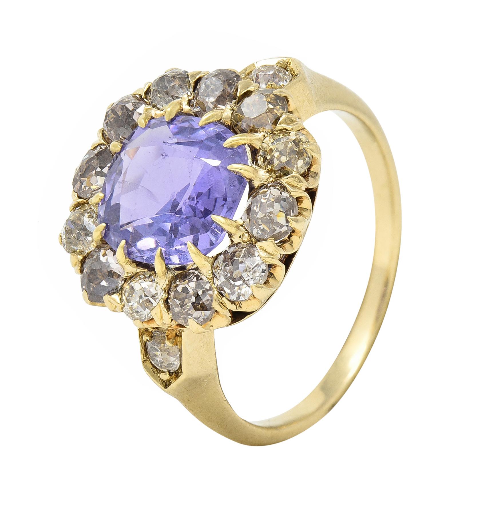 Victorian 3.56 CTW No Heat Purple Sapphire Diamond 18 Karat Gold Ring GIA 3