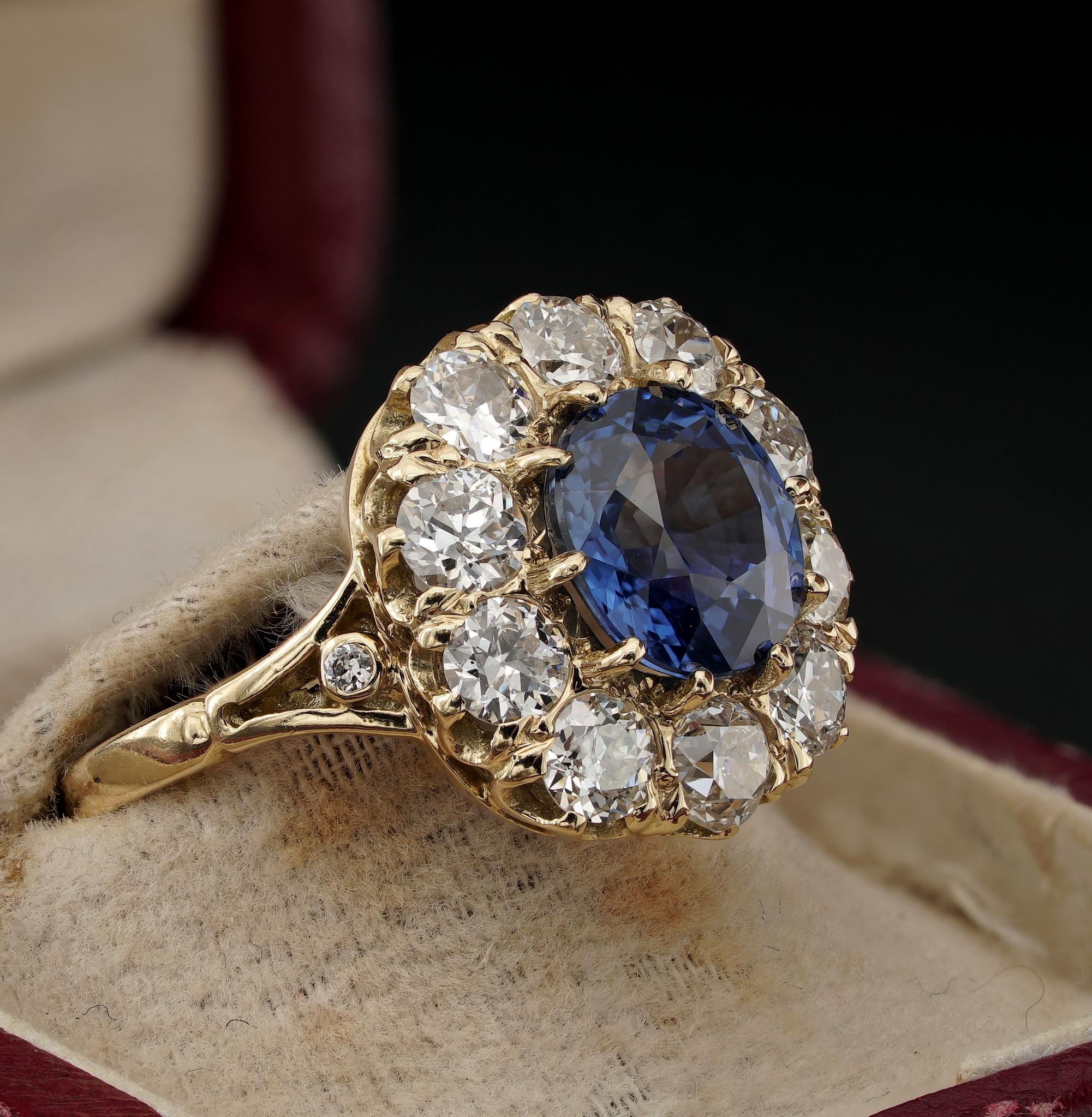 Oval Cut Victorian 3.60 Ct Certified Burma Natural Sapphire 2.30 Ct Diamond Ring For Sale