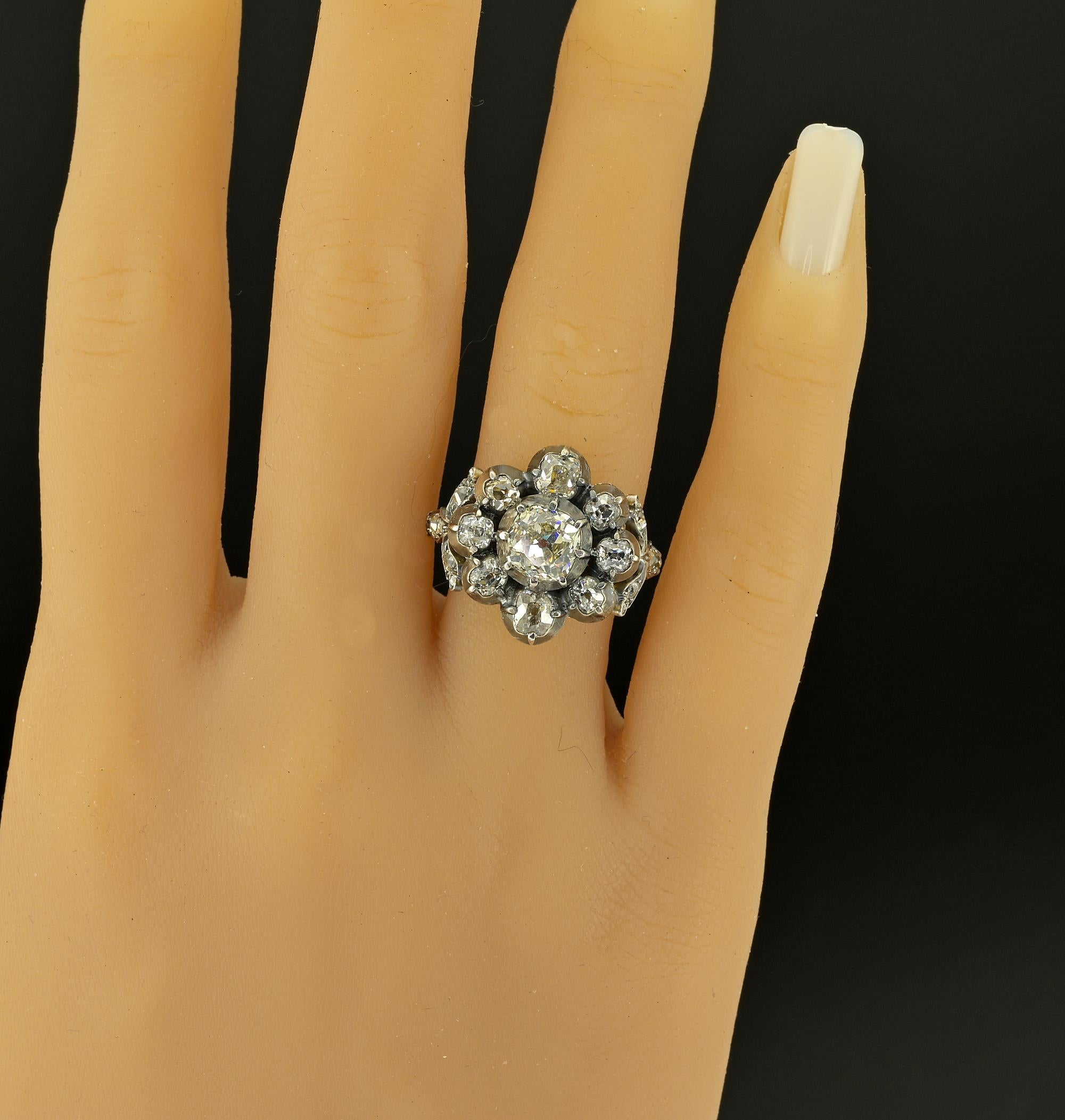 Victorian 3.60 Ct Old Mine Diamond Antique Cluster Ring For Sale 5