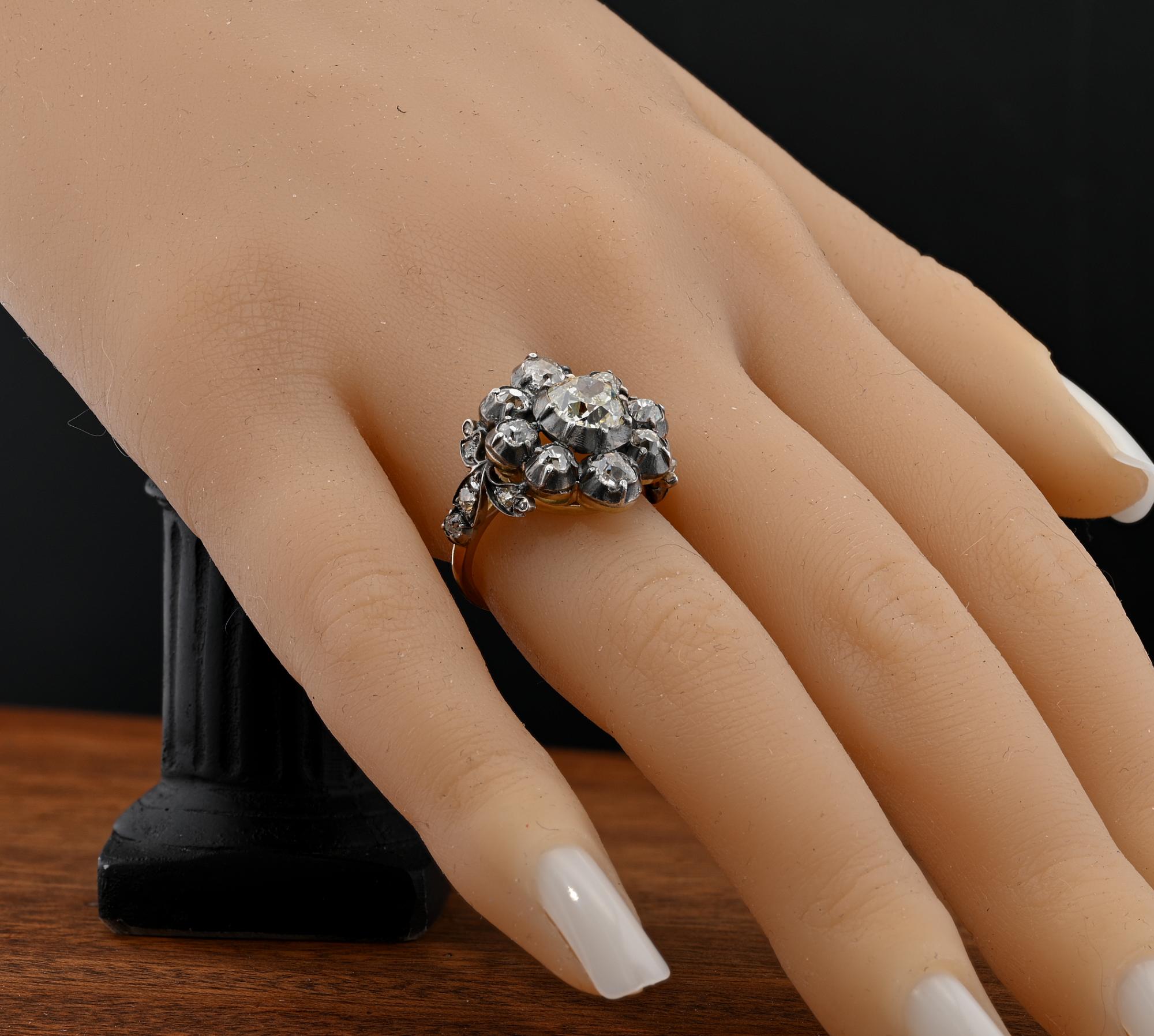 Victorian 3.60 Ct Old Mine Diamond Antique Cluster Ring For Sale 6
