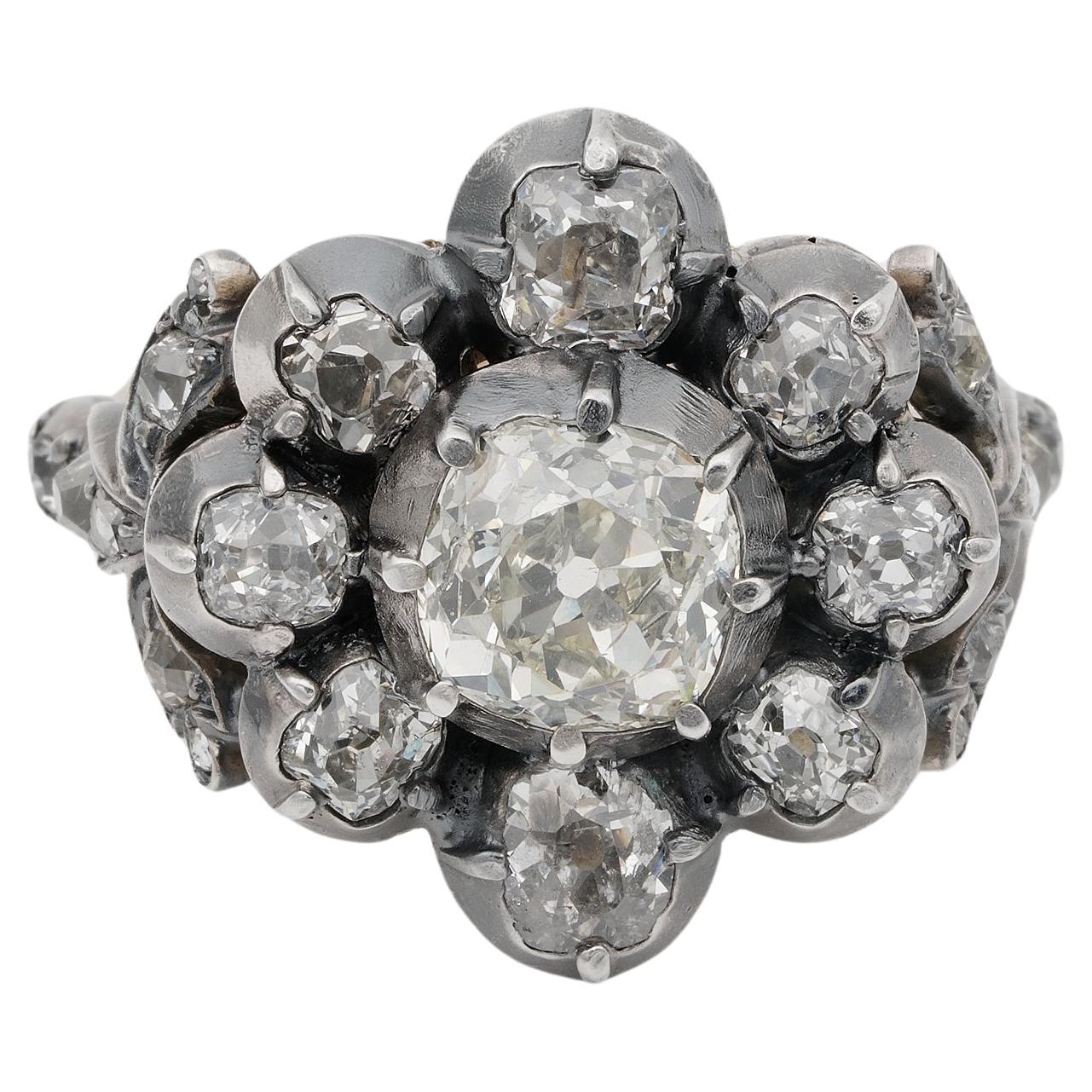 Victorian 3.60 Ct Old Mine Diamond Antique Cluster Ring For Sale