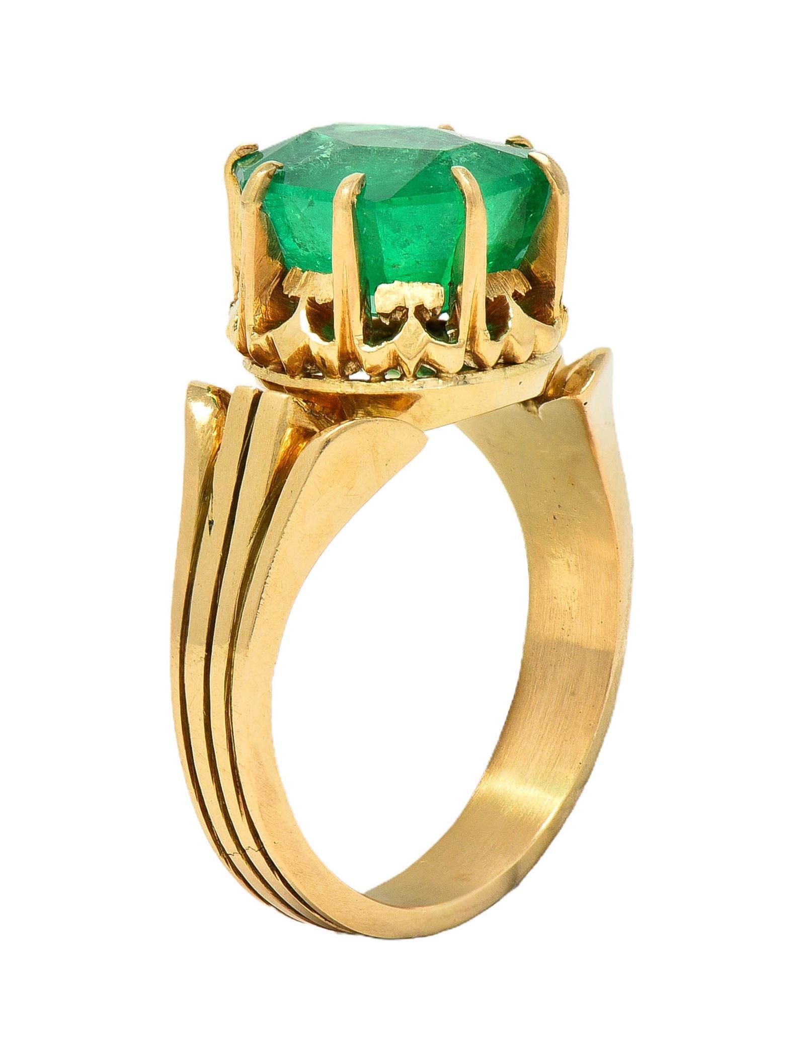 Victorian 3.60 CTW Colombian Emerald 14K Yellow Gold Antique Solitaire Ring GIA 6