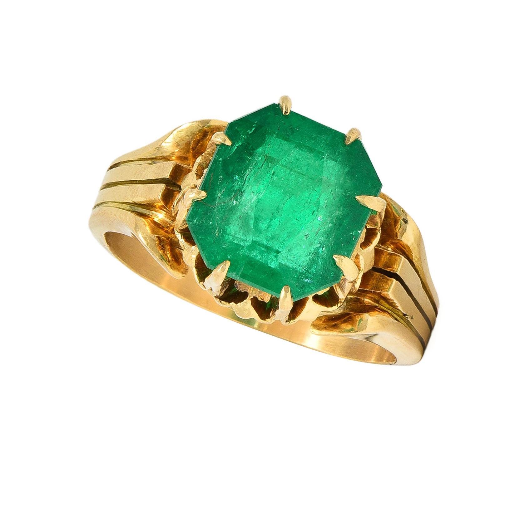 Victorian 3.60 CTW Colombian Emerald 14K Yellow Gold Antique Solitaire Ring GIA 7